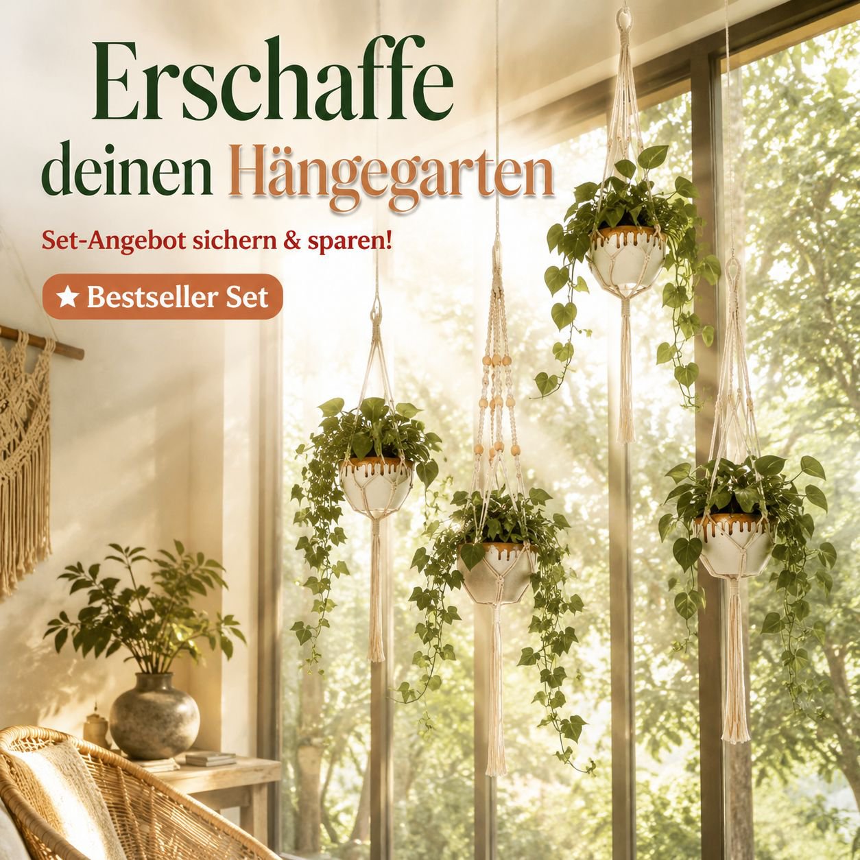 Handgewebter Pflanzenhänger aus Baumwollseil für Balkon Deko