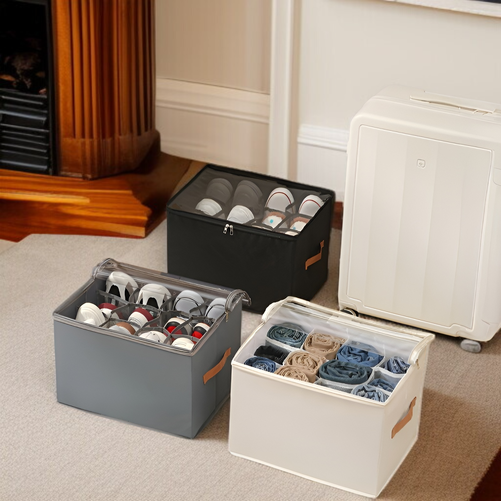 靴収納ボックス 折りたたみ式カバー付き 見える靴箱 多機能 仕切り付き 衣類 雑貨 収納ボックス