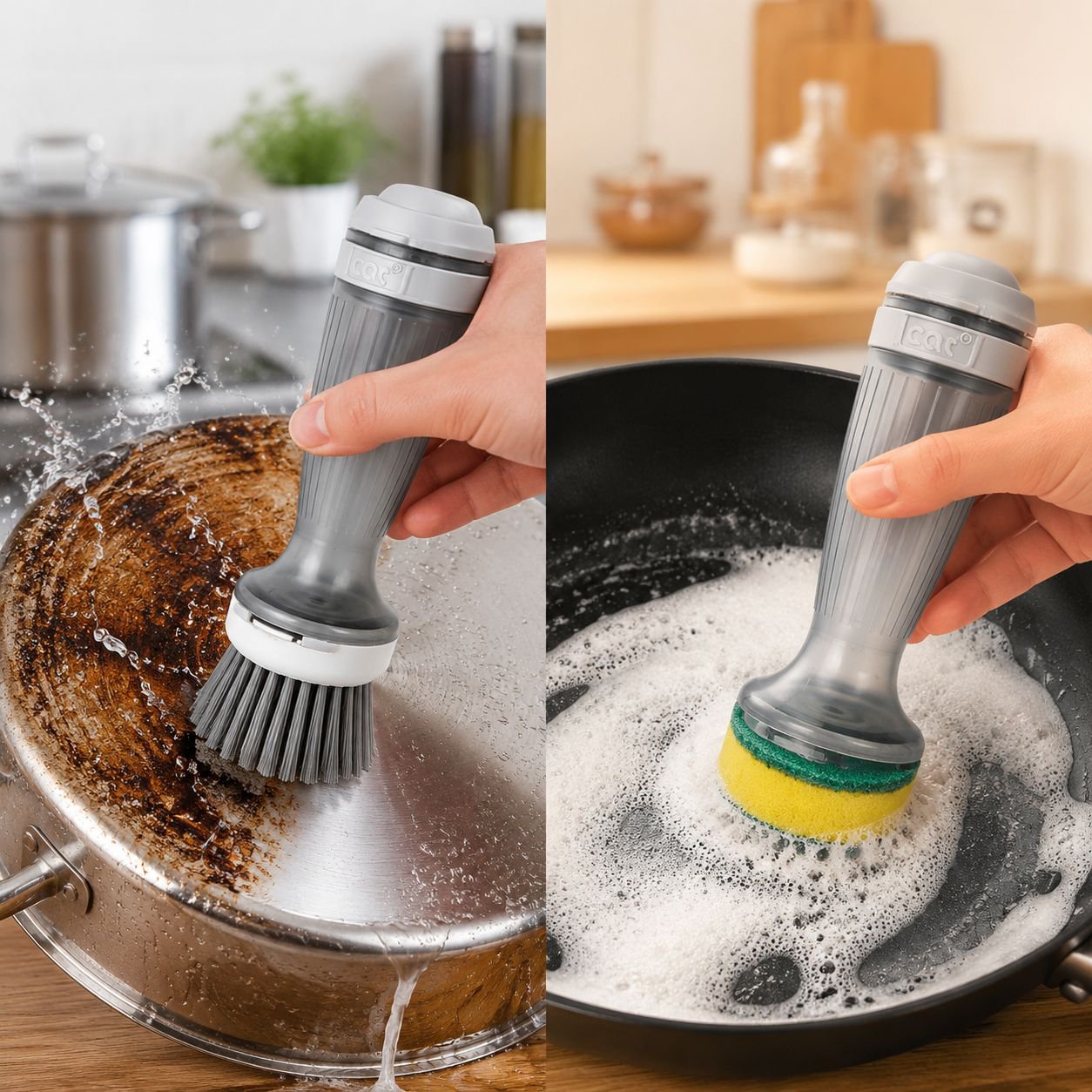 Brosse de cuisine avec réservoir de liquide rechargeable