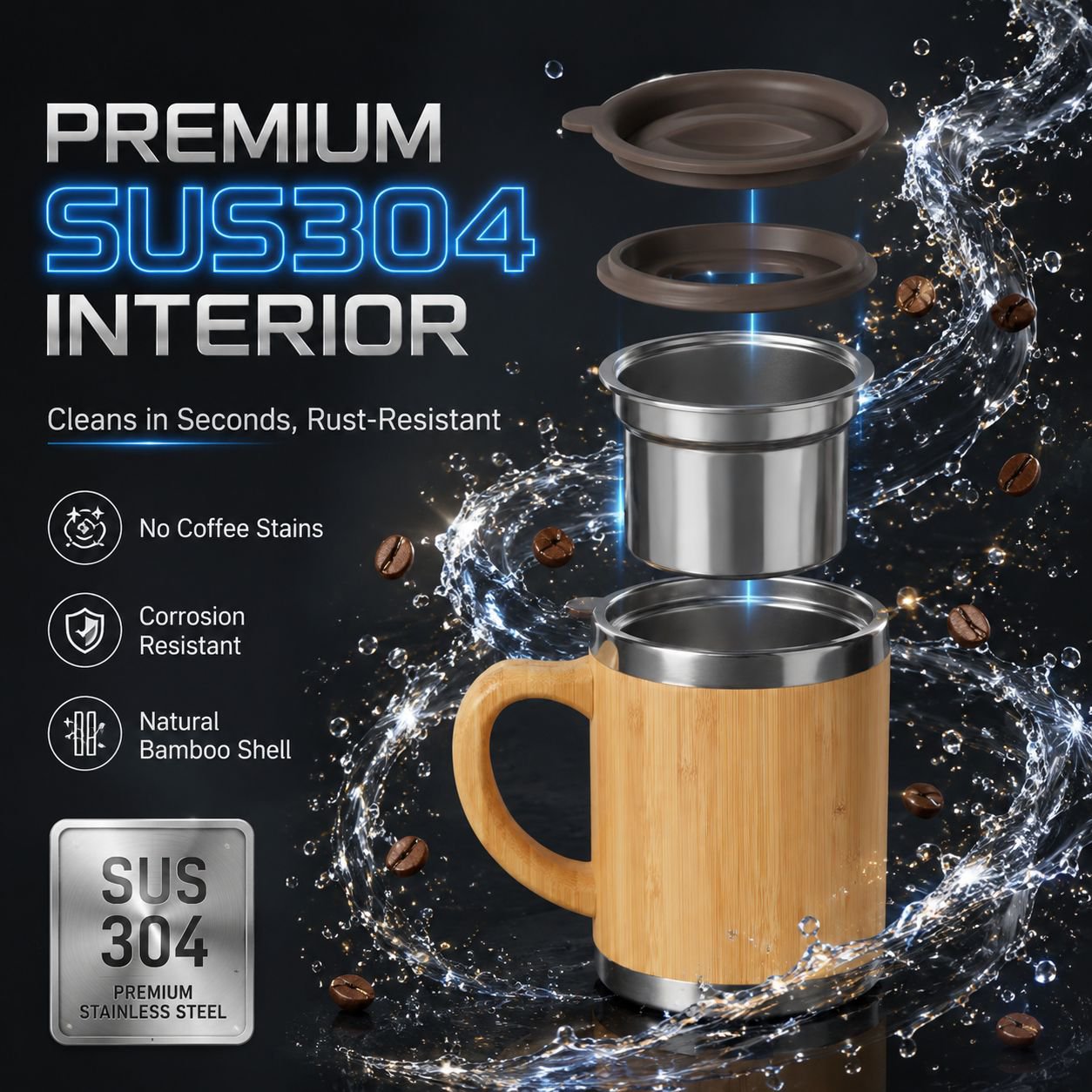 304 Stainless Steel Bamboo Mug