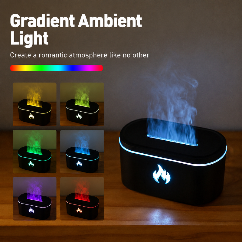 USB plug-in aroma diffuser displaying a realistic flame simulation
