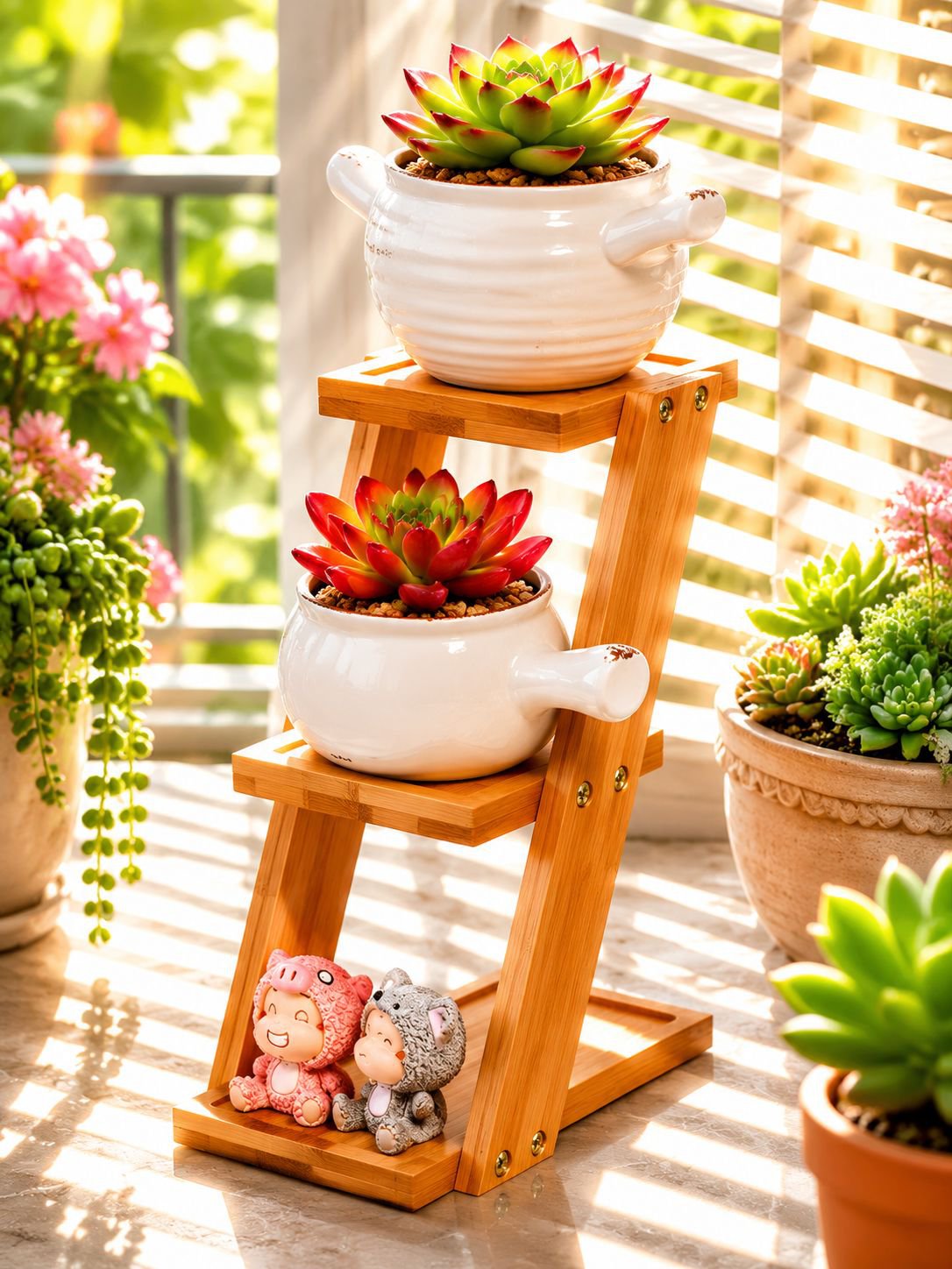 Small potted plant arrangement on desktop bamboo shelf
