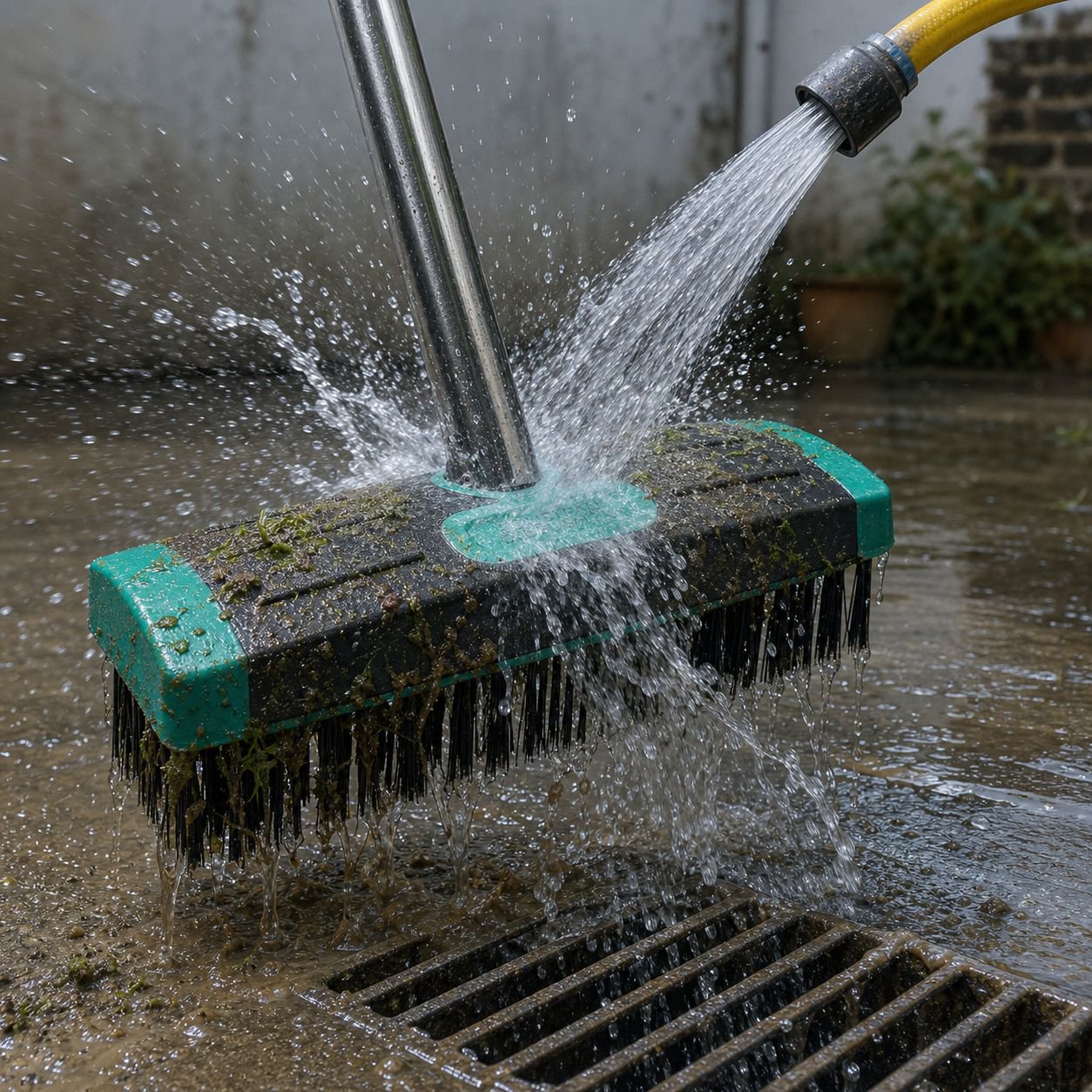 Garden tool removing moss from stone path