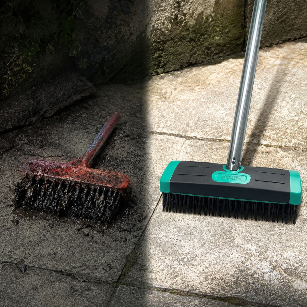 Close-up of stainless steel bristles removing moss
