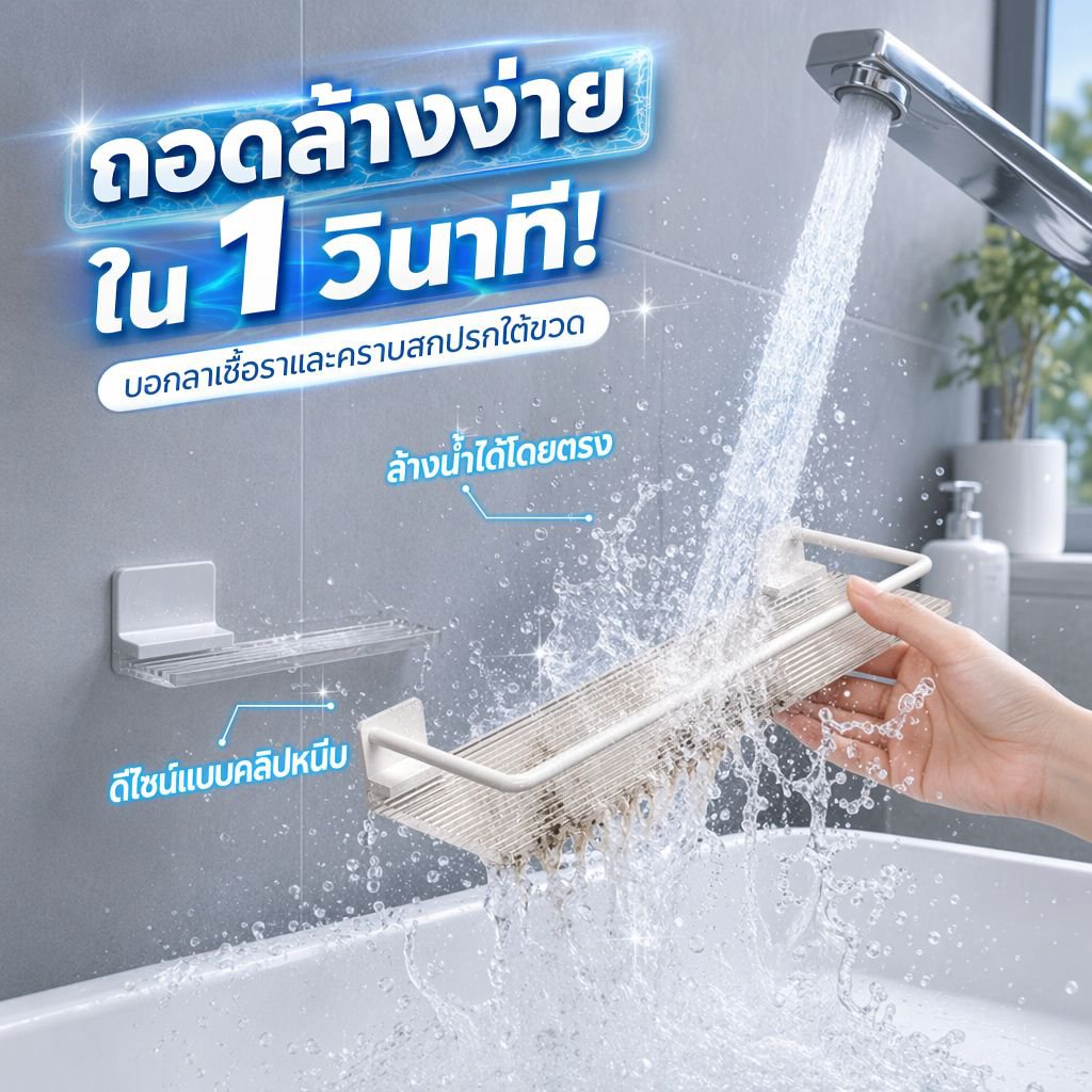 ชั้นวางของอะคริลิคติดผนังในห้องน้ำ ไม่ต้องเจาะผนัง