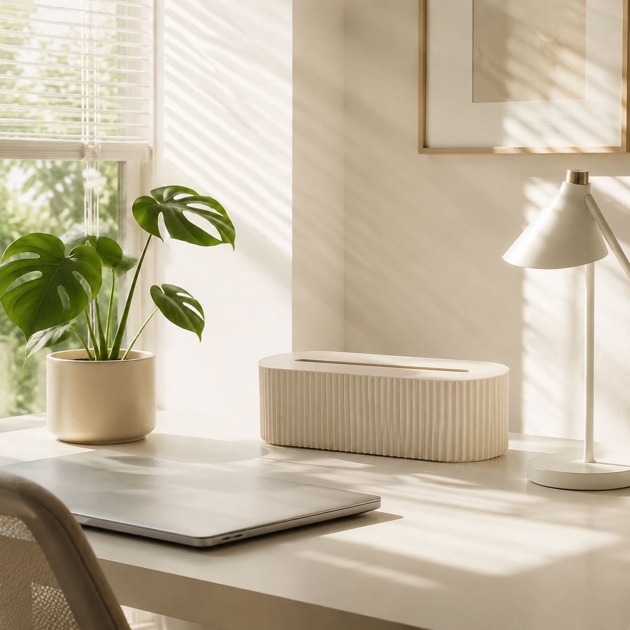 Tidy workspace with power cord organizer and socket shelf