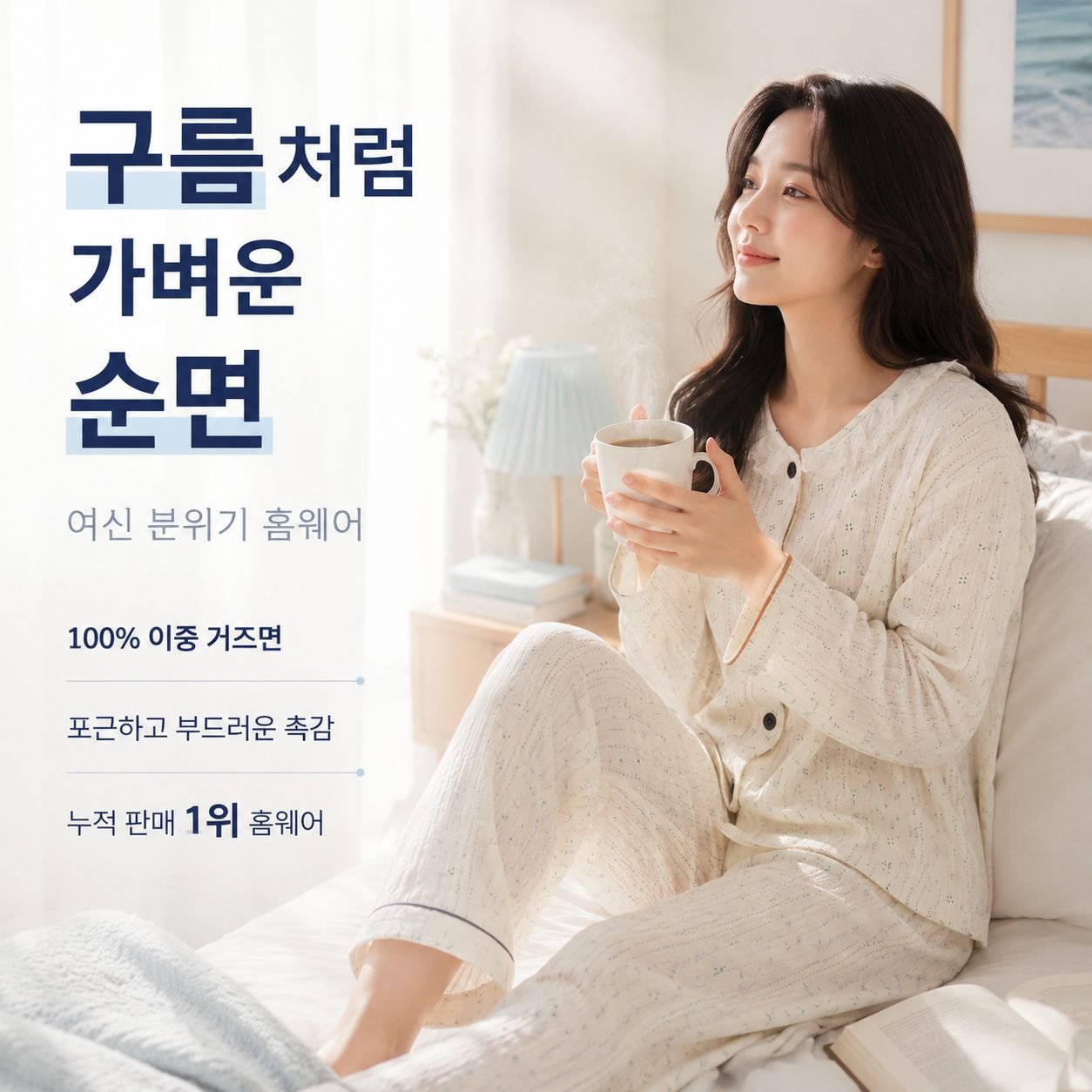 빅사이즈 달콤한 꽃무늬 구름 패턴 봄·가을 여성 긴소매 잠옷 세트