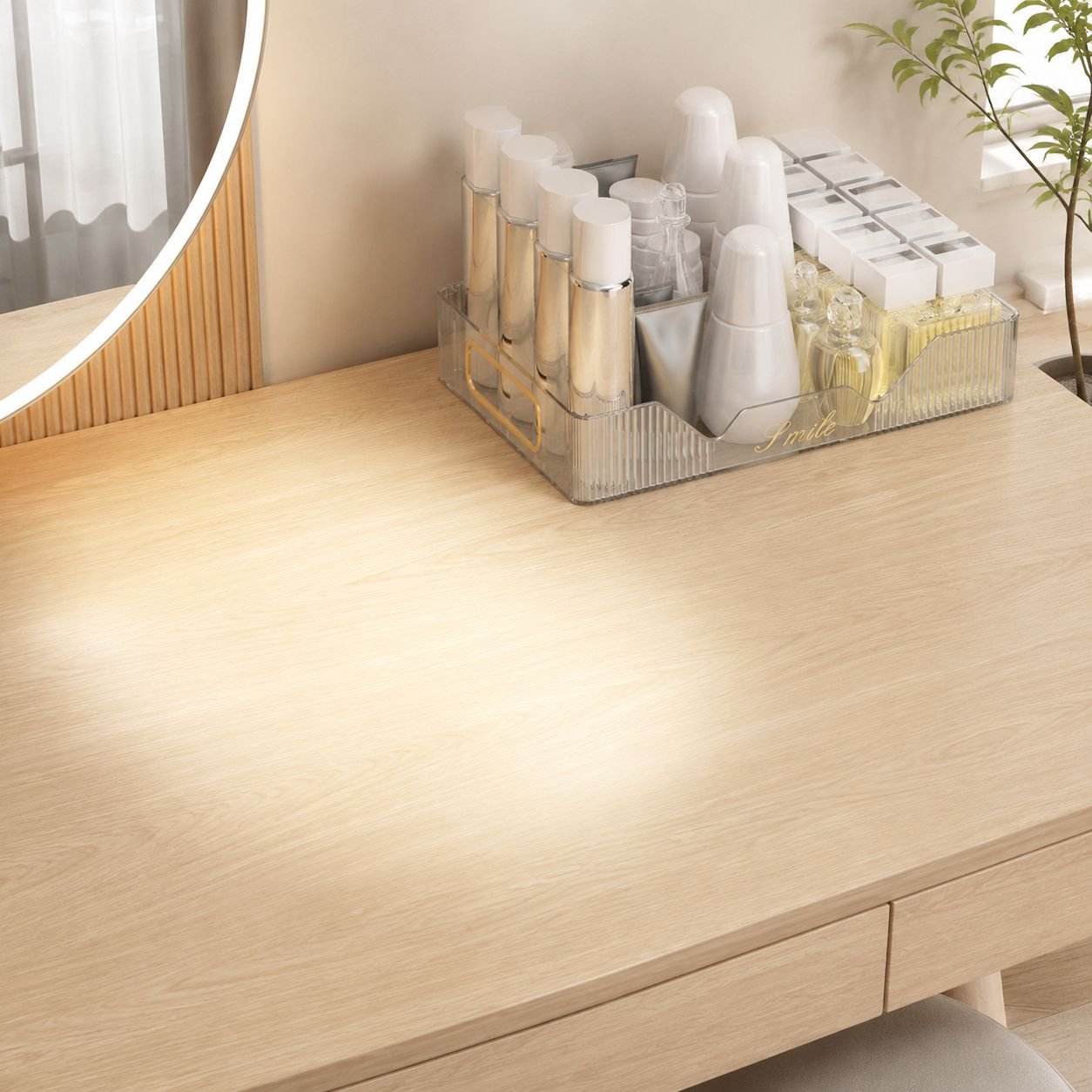Two tier bathroom organizer holding cosmetics