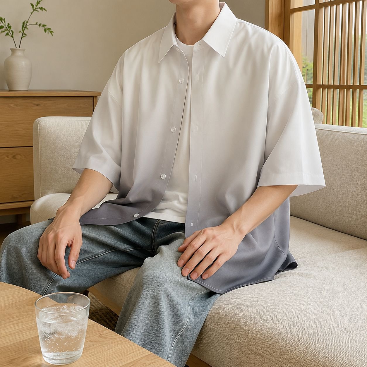 アイスシルク素材のメンズグラデーションカジュアル半袖シャツ