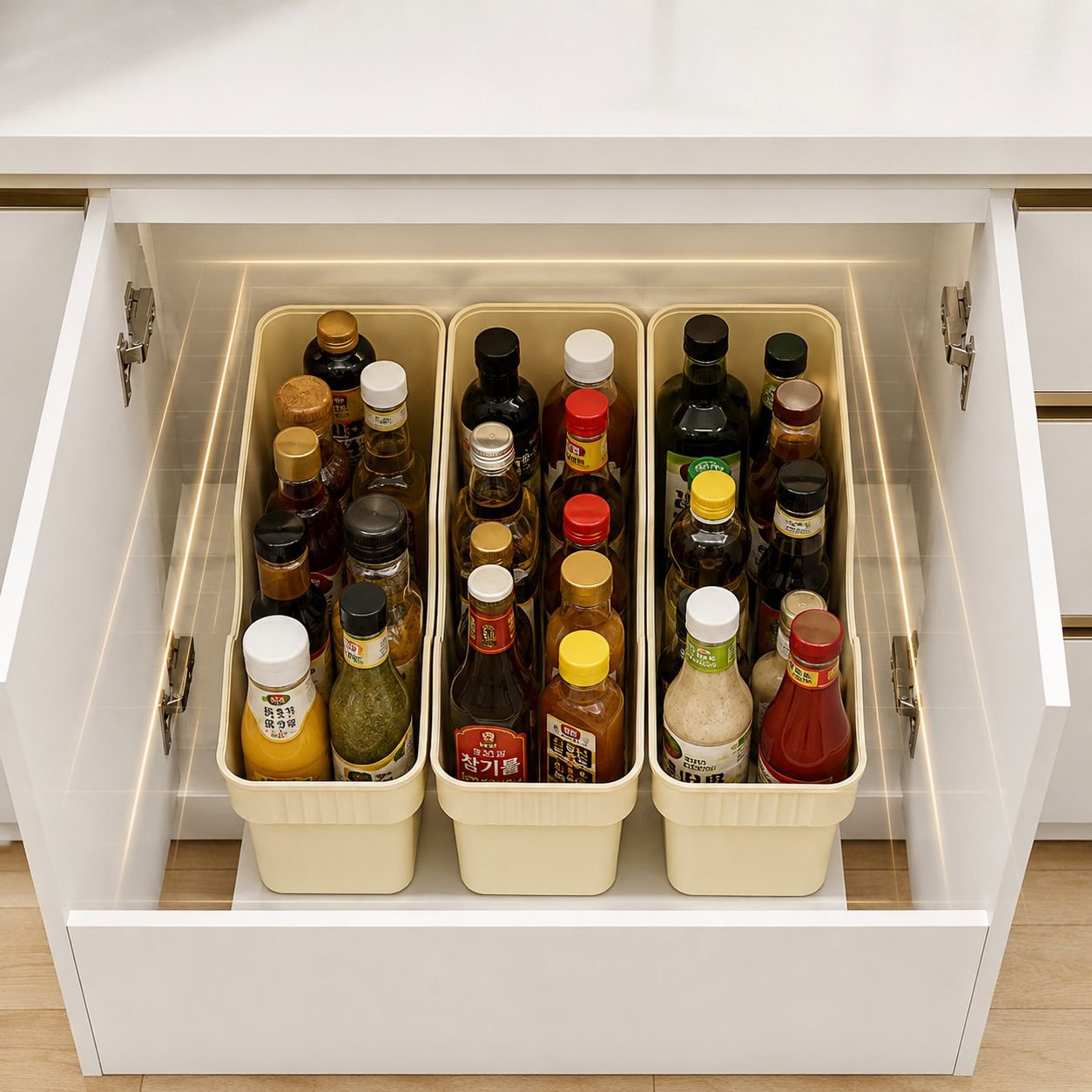 Plastic organizer for kitchen counter with bottles and knives