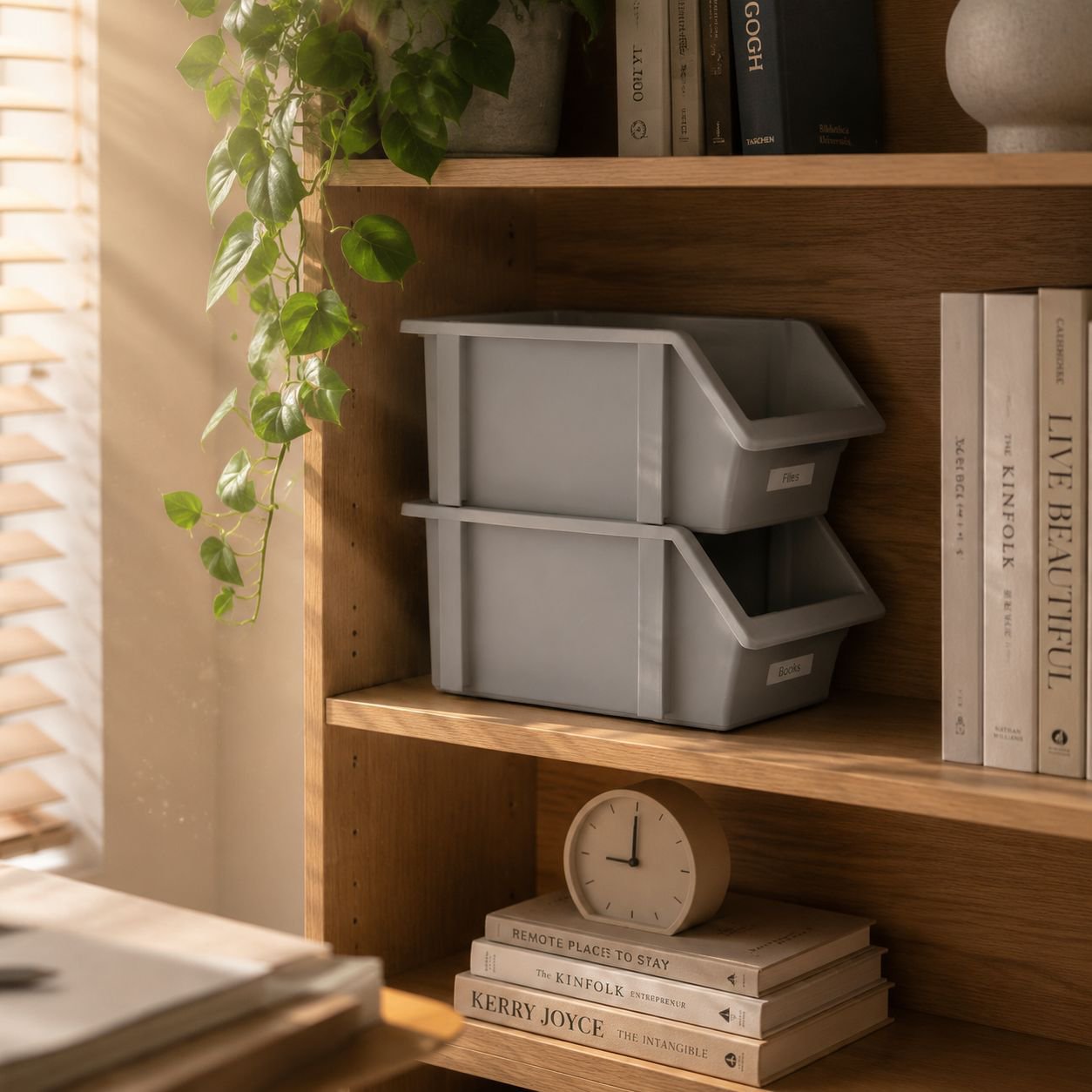 Durable storage basket organizer on a modern workspace