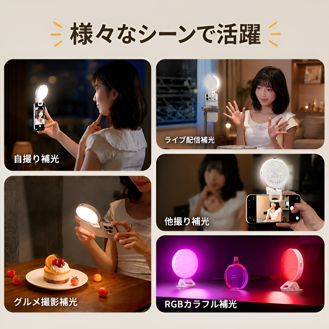 携帯電話用補助ライト リングライト セルフィーライト 1000mAh充電式モデル 無段階調光 3色温度モード 3インチコンパクト球形ライト クリップオンデザイン 強化モード搭載 写真撮影ラ