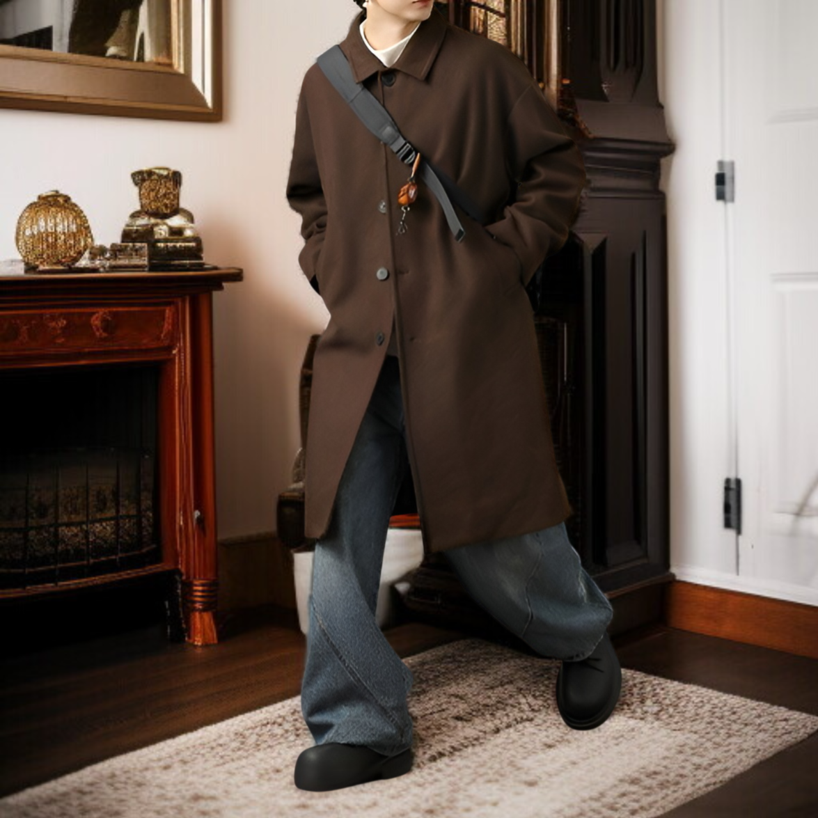 日本スタイル厚手ゆったりメンズコートの襟元クローズアップ