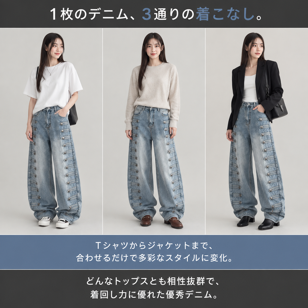 美式拿破仑宫廷风牛仔裤女新款金属扣小众设计感宽松弯刀阔腿长裤