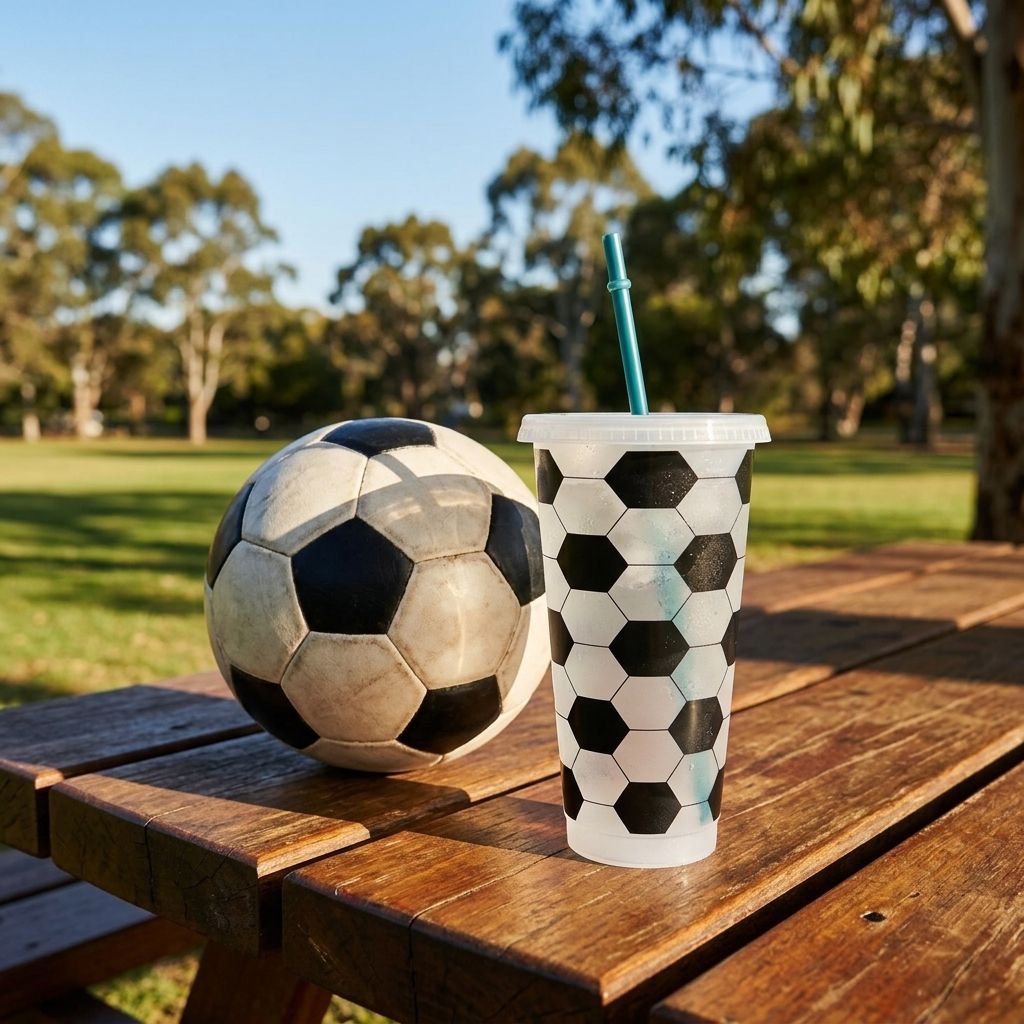 Soccer-print plastic cup with straw