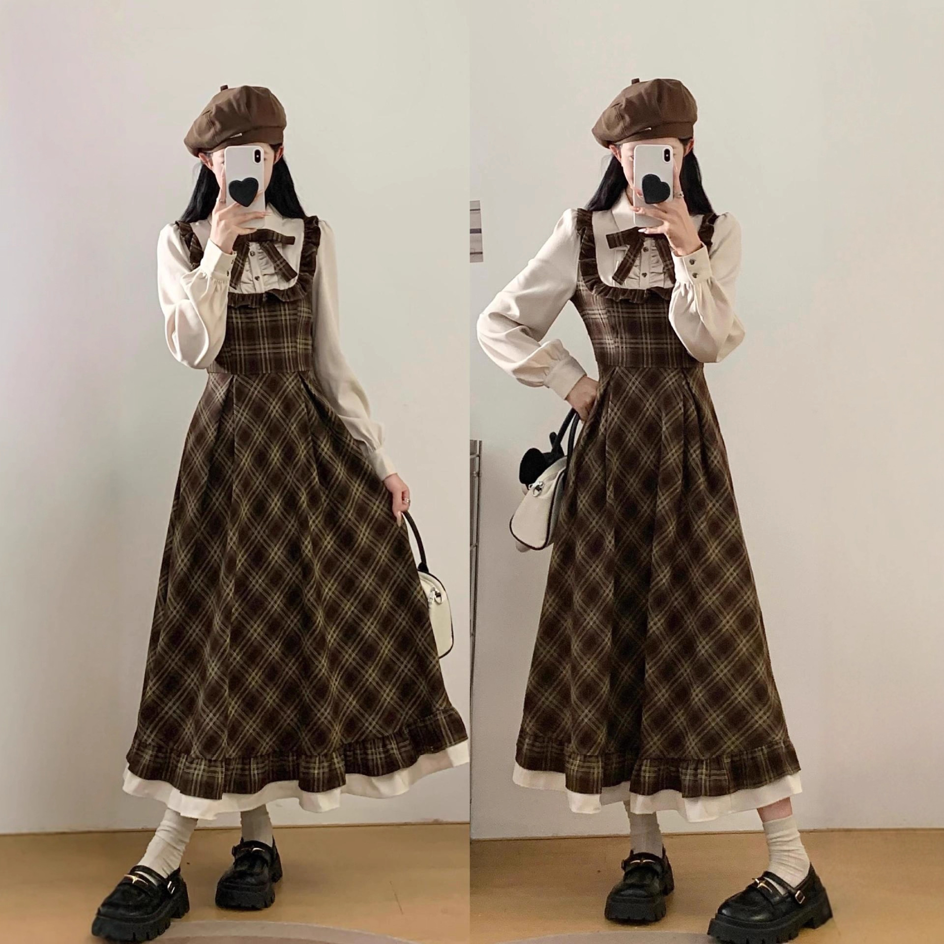 プラスサイズ レディース 秋冬新作 フレンチレトロチェック柄 フェイクツーピースシャツロングドレス