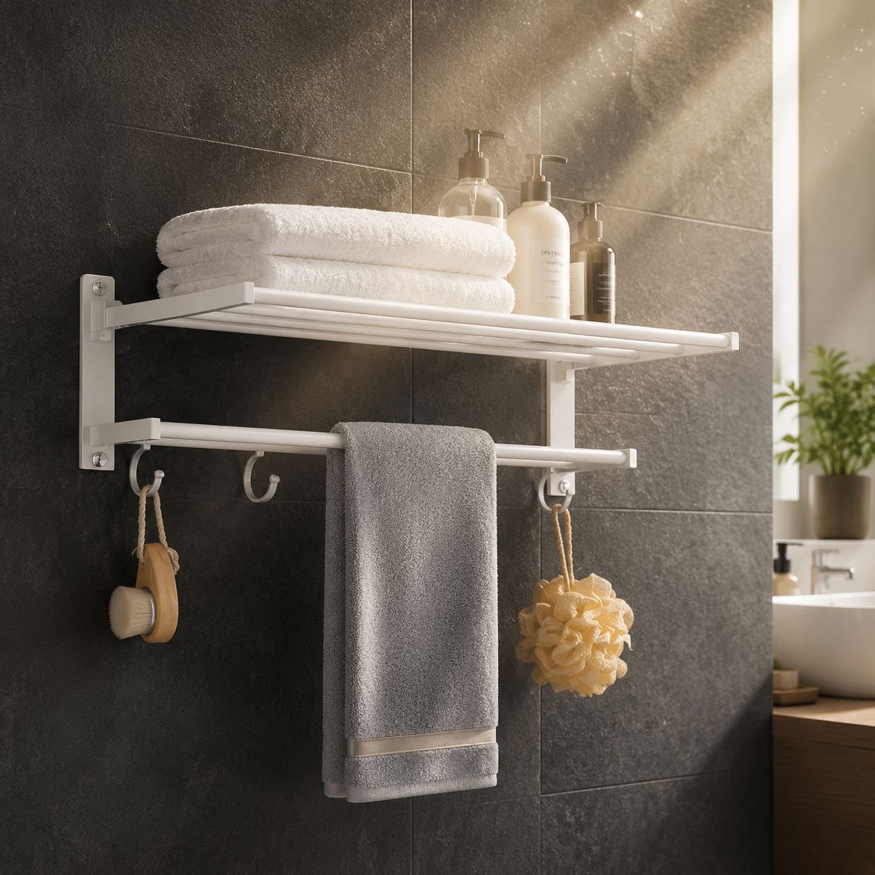 White No-Drill Bathroom Towel Shelf Rack