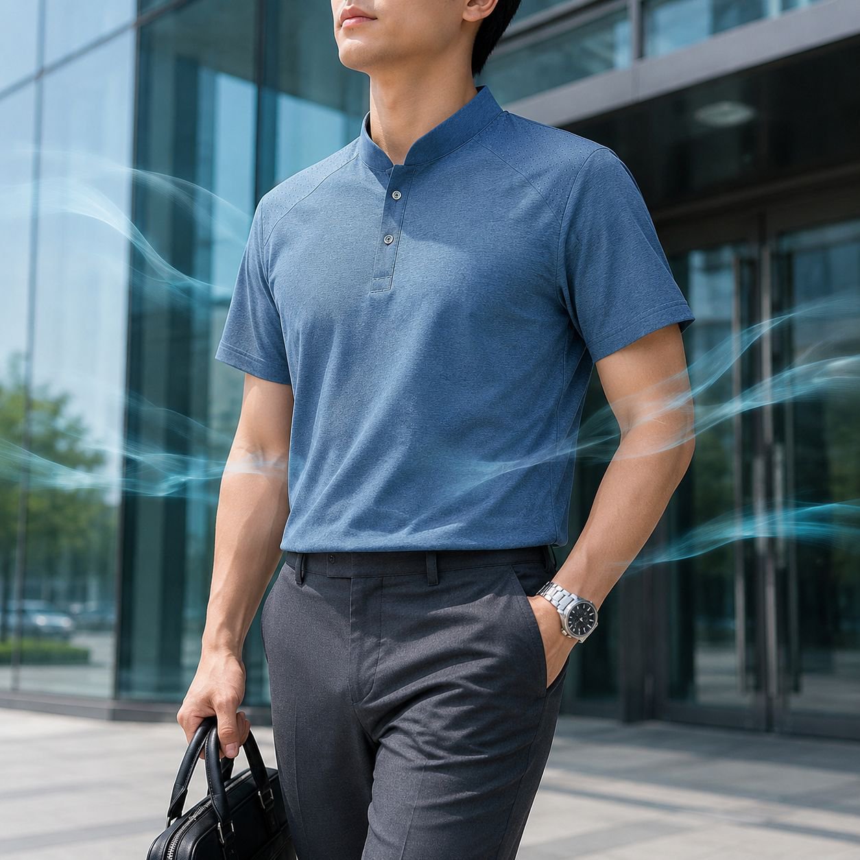 無地メンズスタンドカラー半袖Tシャツ、ファッショナブルで高品質