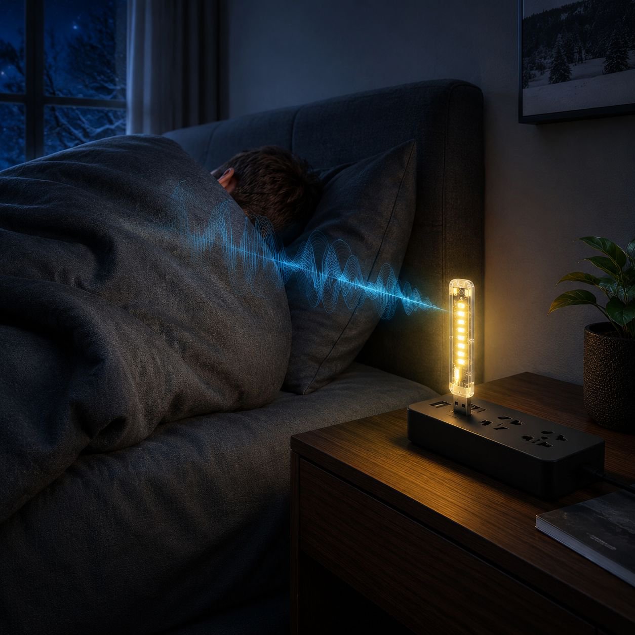 Voice activated night light illuminating bedroom