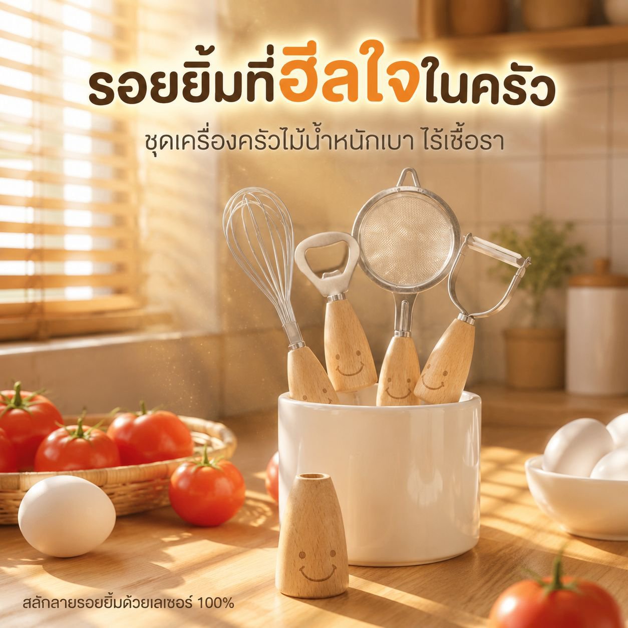 เซ็ตเครื่องมือครัวขนาดเล็กสมายล์ ด้ามจับไม้ สแตนเลส ที่ตีไข่ ที่ขูด ช้อนซุป ที่เปิดกระป๋อง