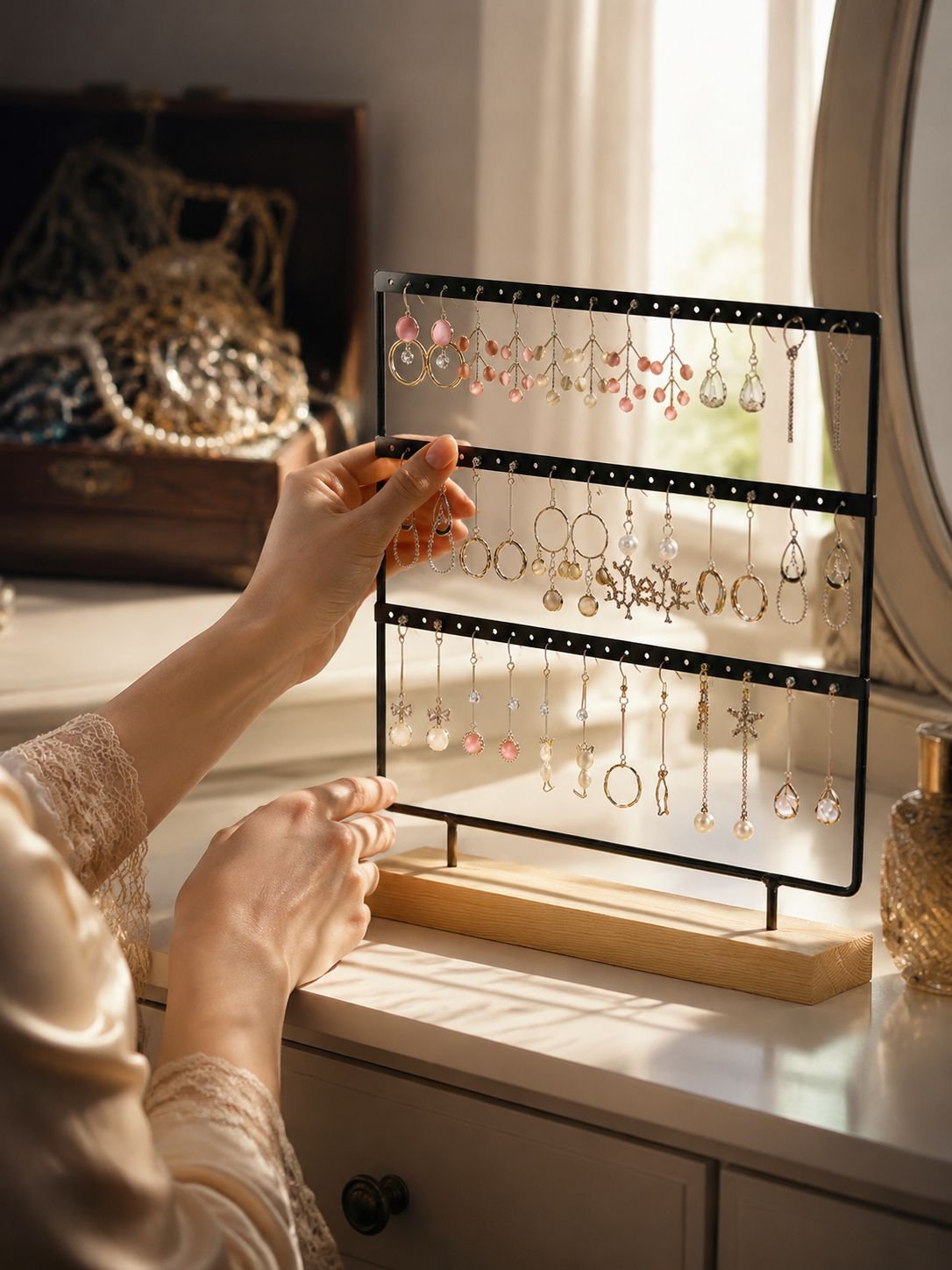 Solid wood and wrought iron jewelry display rack for earrings
