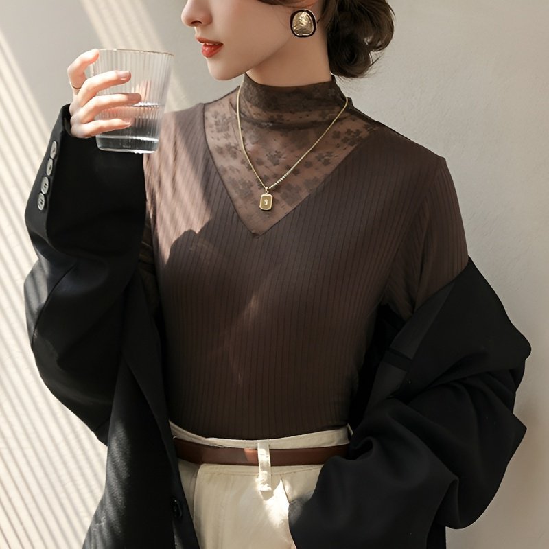 여성 니트 레깅스 봄가을 휴가 투피스 이너 레깅스 여 긴팔 상의 망사 레이스 슬림 레깅스