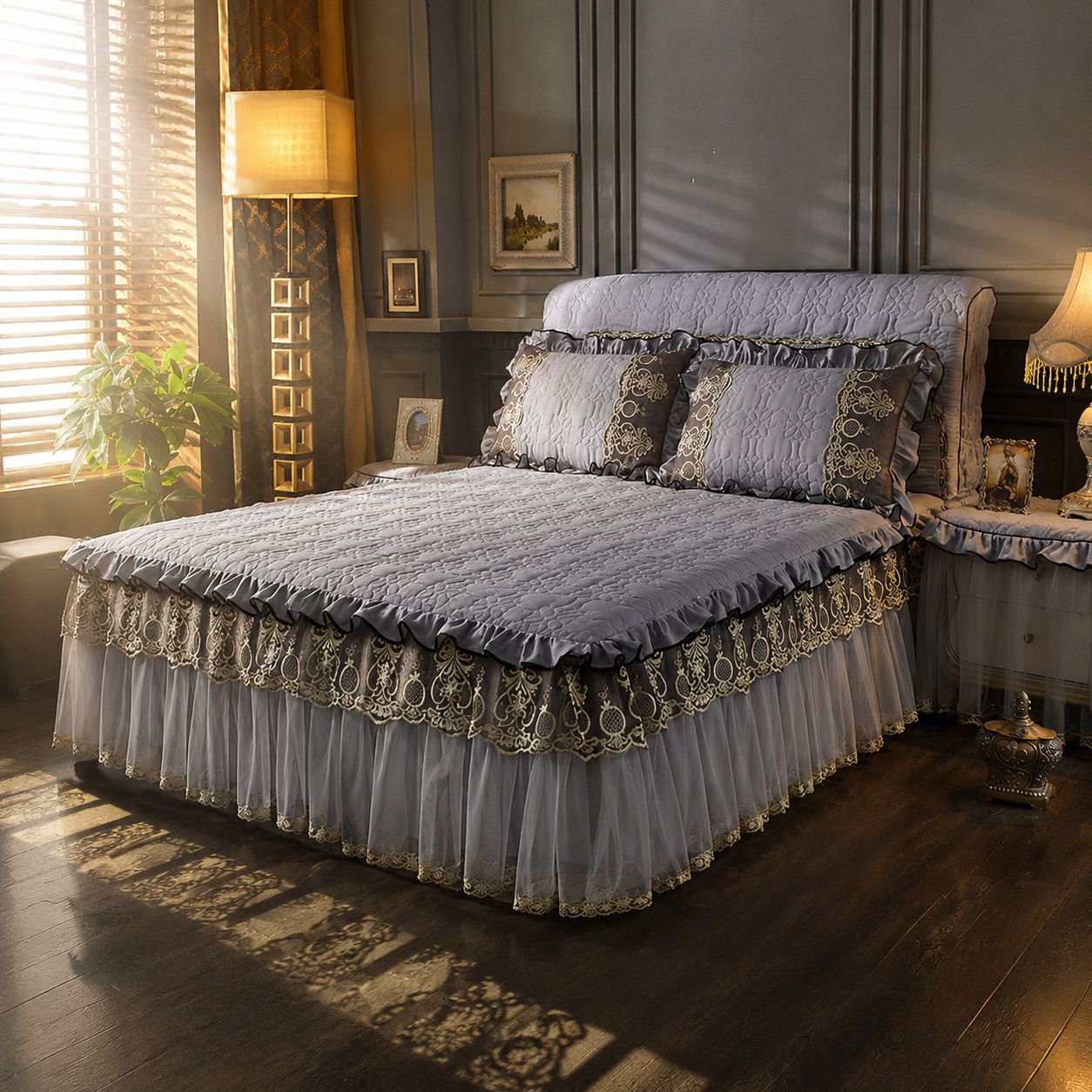 High-quality fabric close-up of bed skirt set