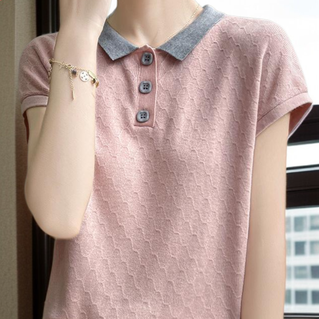 여성 니트 자카드  반팔 티 로우 니트 터틀넥 니트