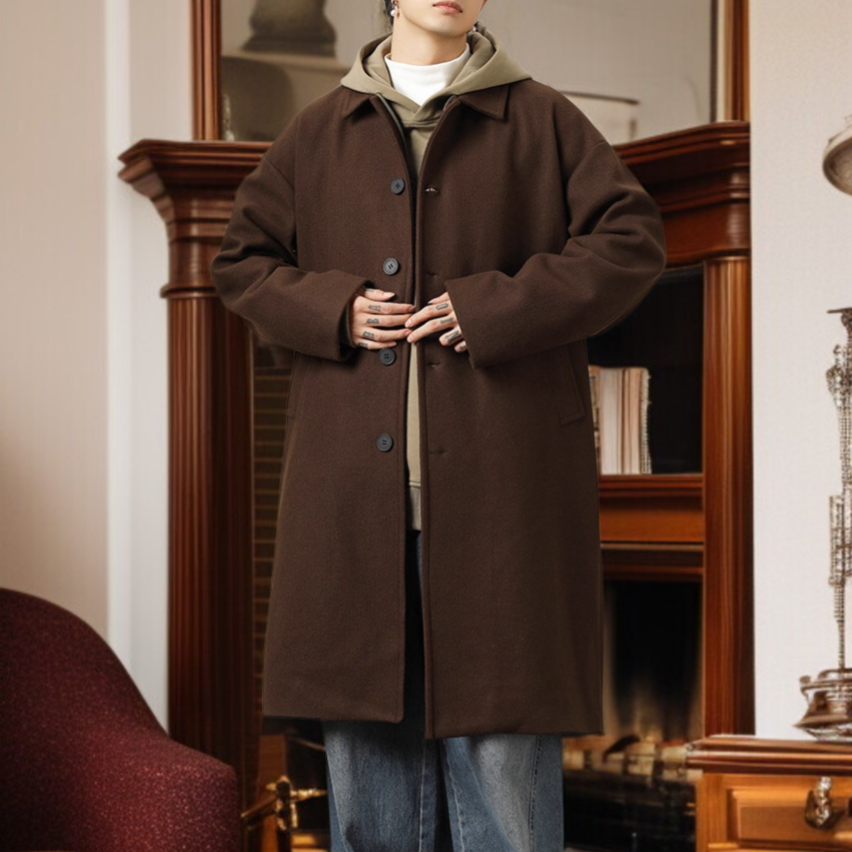 ロング丈防風ウールコートの正面デザイン