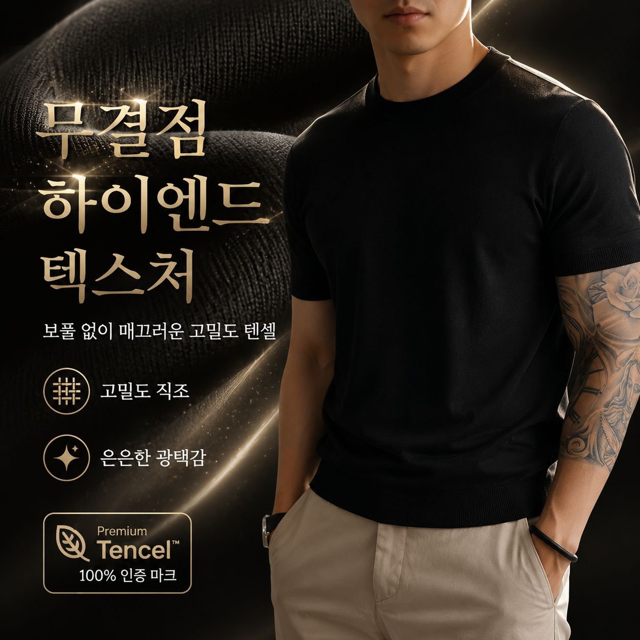 텐셀 남성 쿨링 통기성 슬림 반팔 하이넥 티셔츠