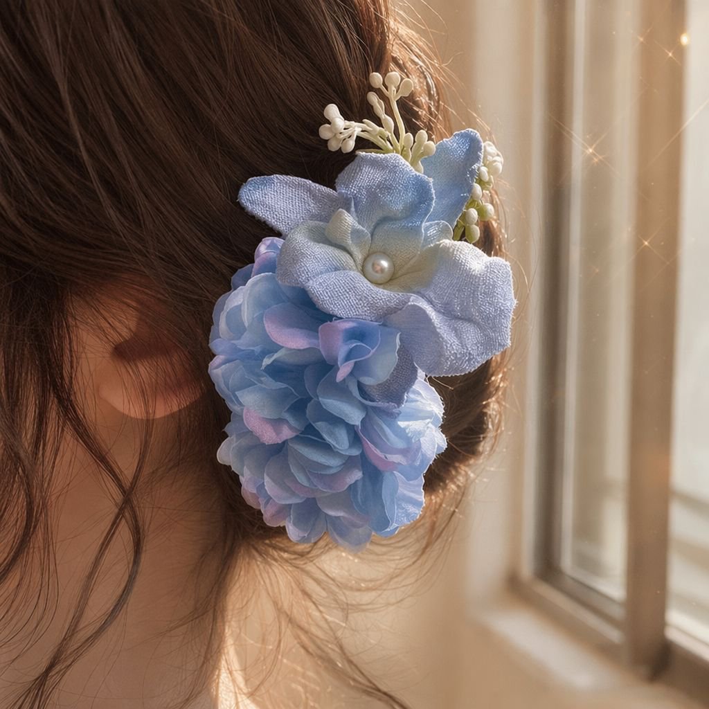 早春をテーマにした青い花のヘアクリップ、甘く雰囲気のあるヘアフラワー、サイドクリップ、旅行用ヘアクリップ