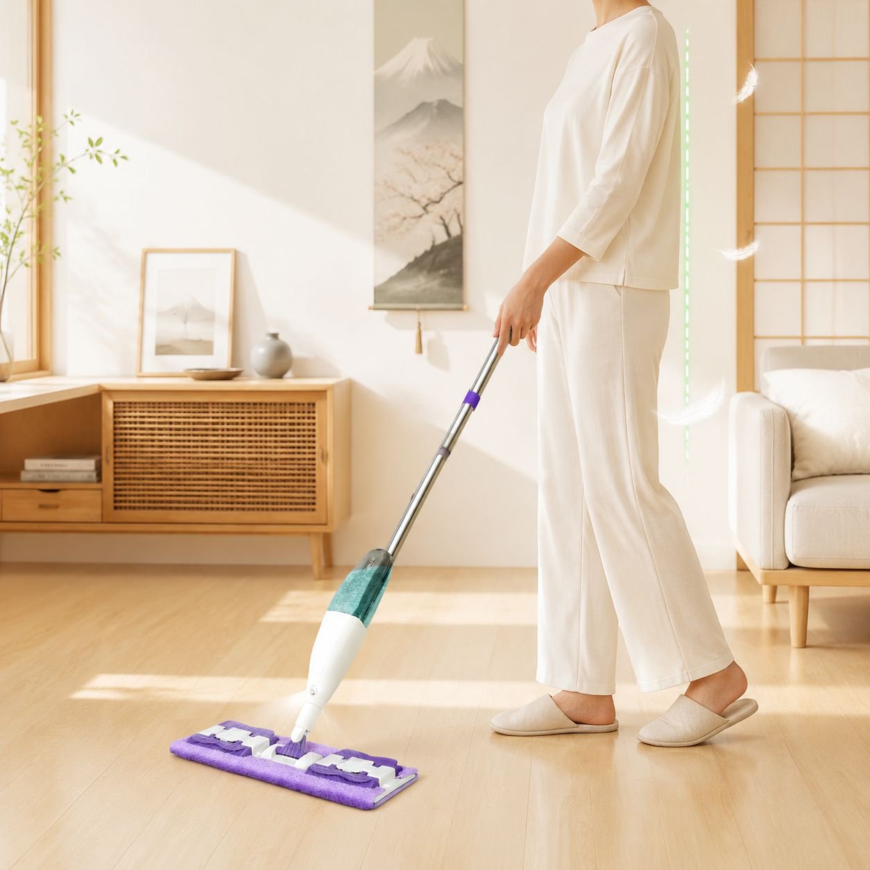 楽ちん一度で掃除できる便利なモップ使用シーン