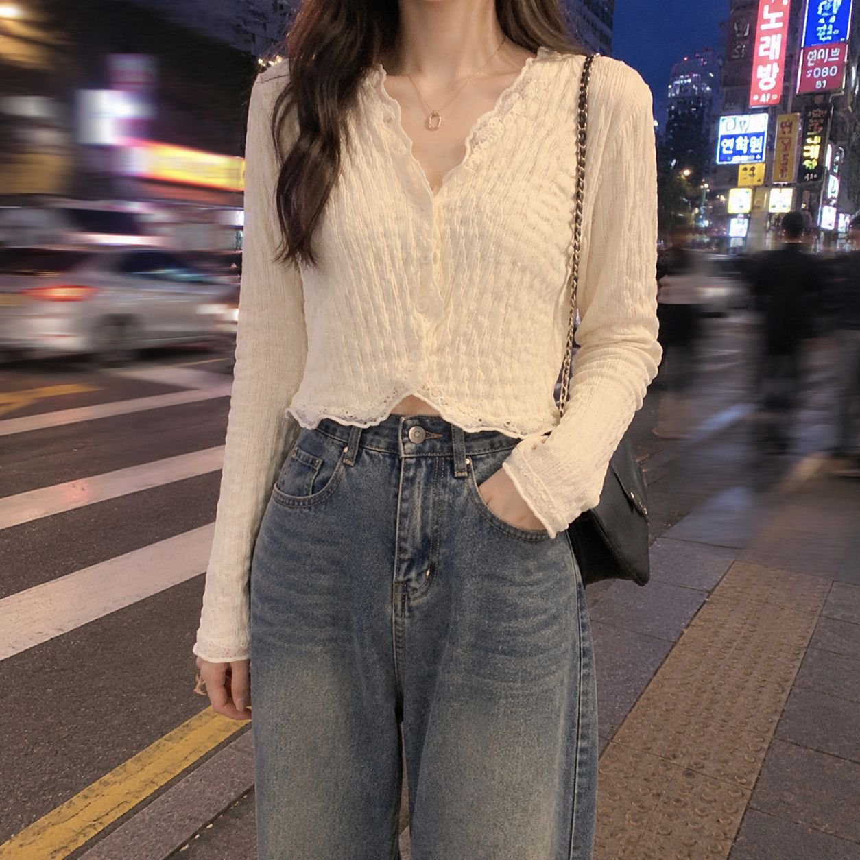 트렌디한 살구 쉬폰 블라우스 래쉬가드 상의