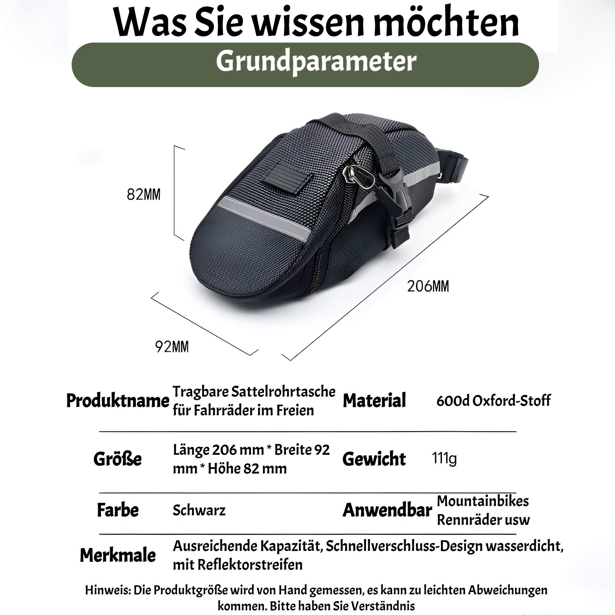 Kompakte Fahrradsatteltasche mit Reflektor
