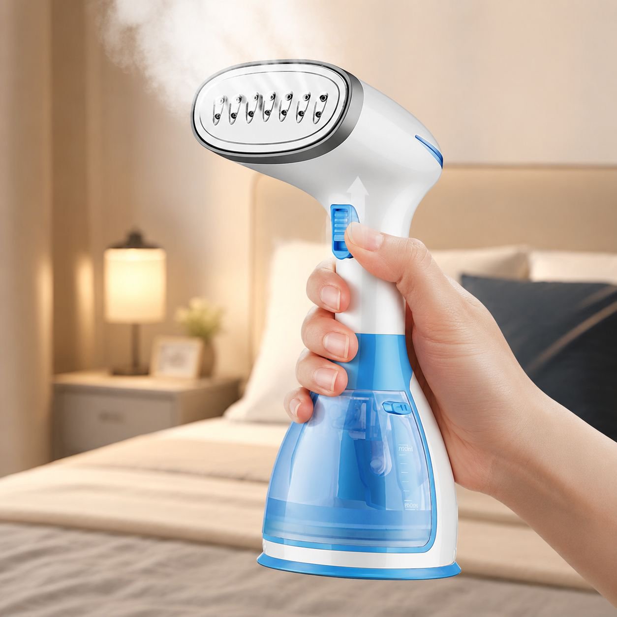 Portable steam iron removing wrinkles from shirt