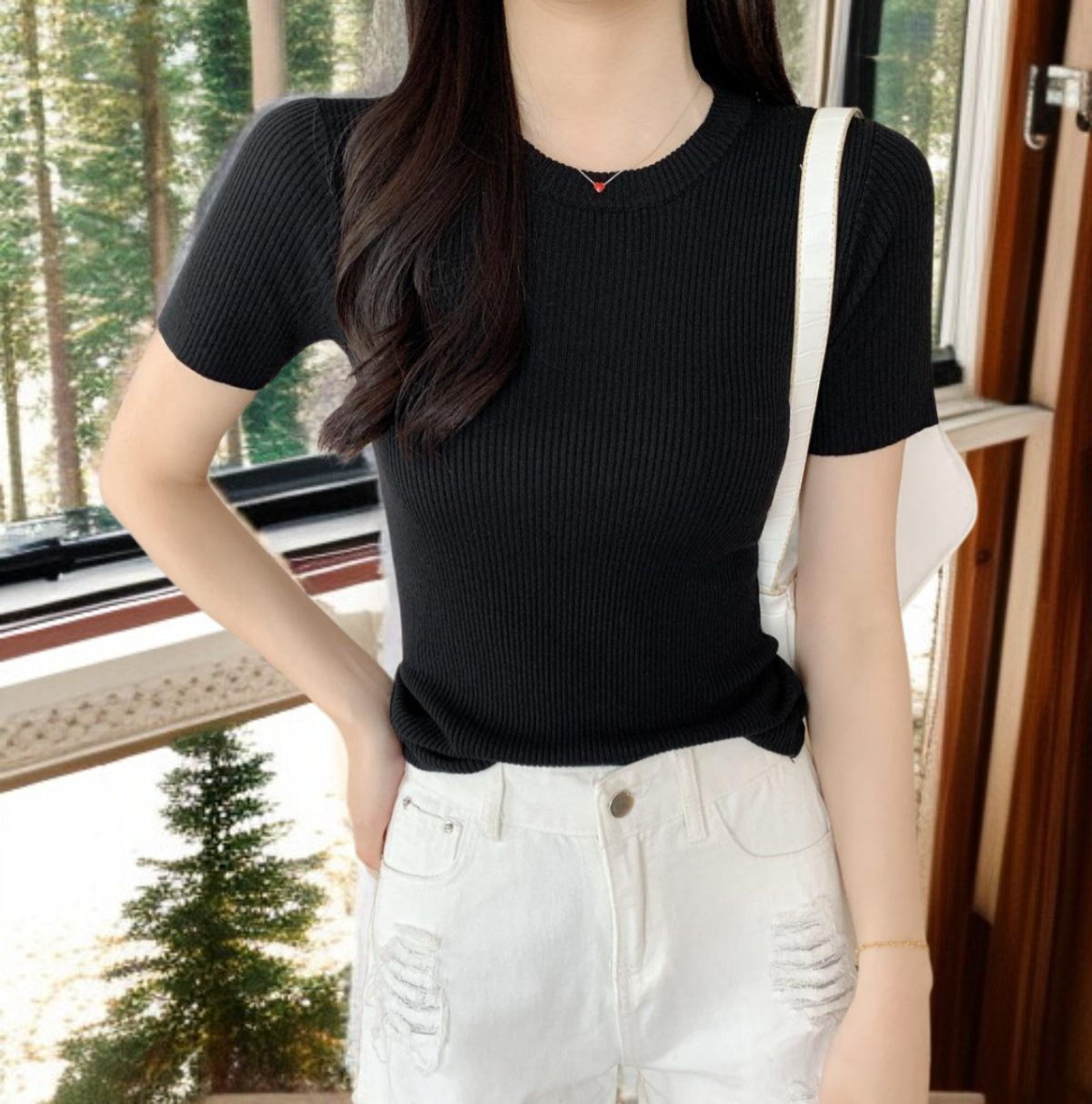 여성  반팔 얇은 라운드 슬림핏 여자 상의 반팔  레깅스 니트