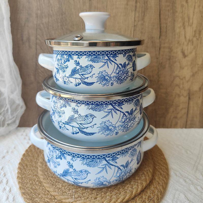 Enameled 3-piece Instant Noodle Pot Set, Gray and White Checkered Flat Bottom Double Handle