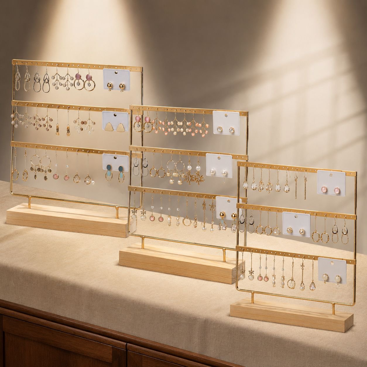 Home Earring Storage Rack, Solid Wood and Wrought Iron Jewelry Display Stand