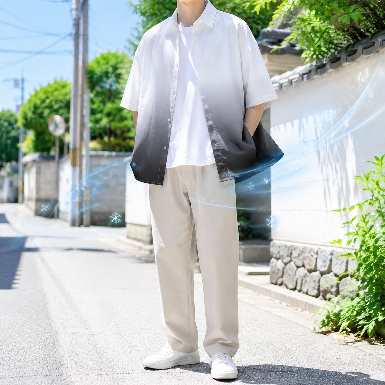 アイスシルク素材のメンズグラデーションカジュアル半袖シャツ