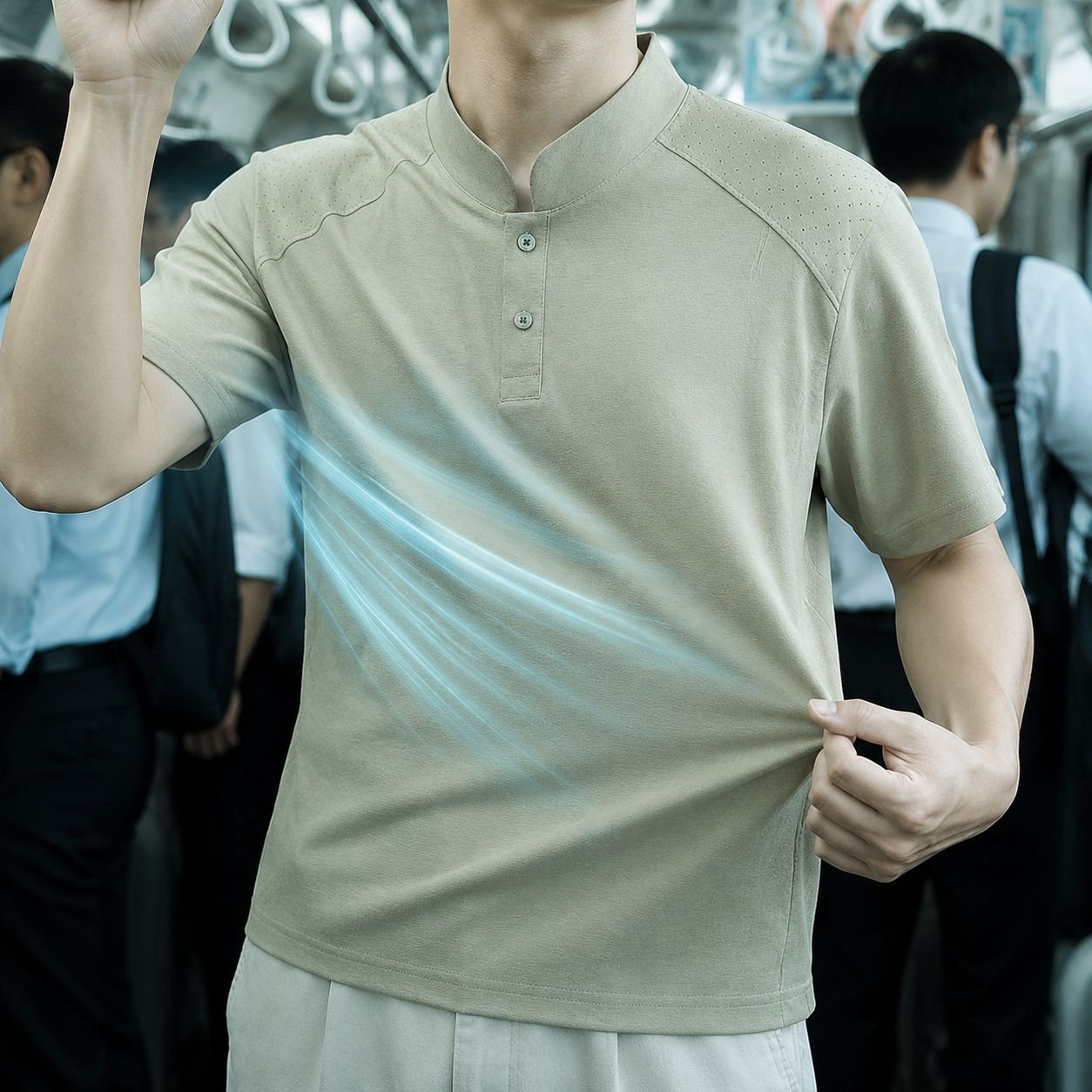 軽やかで上質なメンズスタンドカラー半袖Tシャツ、ハンサムで合わせやすい