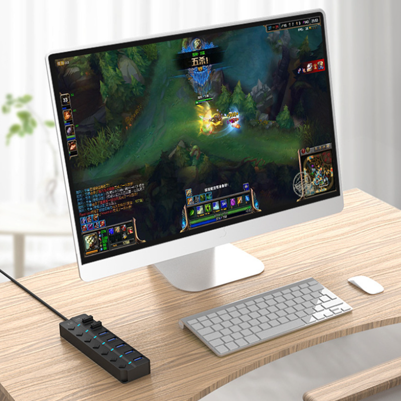 Divisor USB de cuatro puertos con interruptor y extensor para computadora