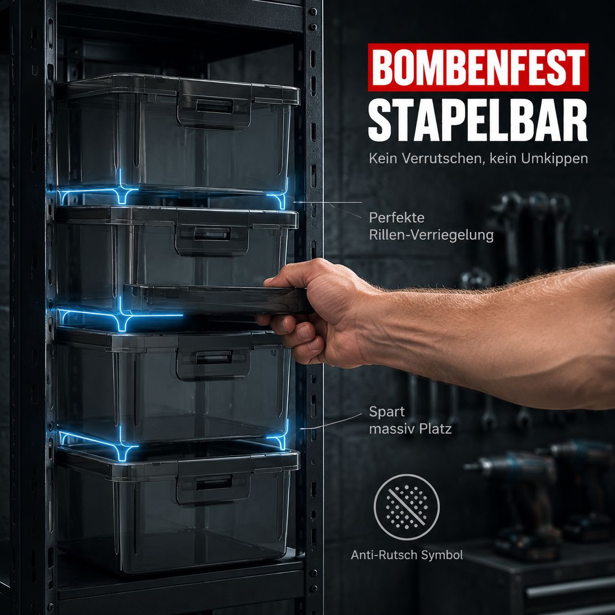 Multifunktionales Teile-Aufbewahrungsset mit Deckel, Werkzeugbox, stapelbar und nestbar