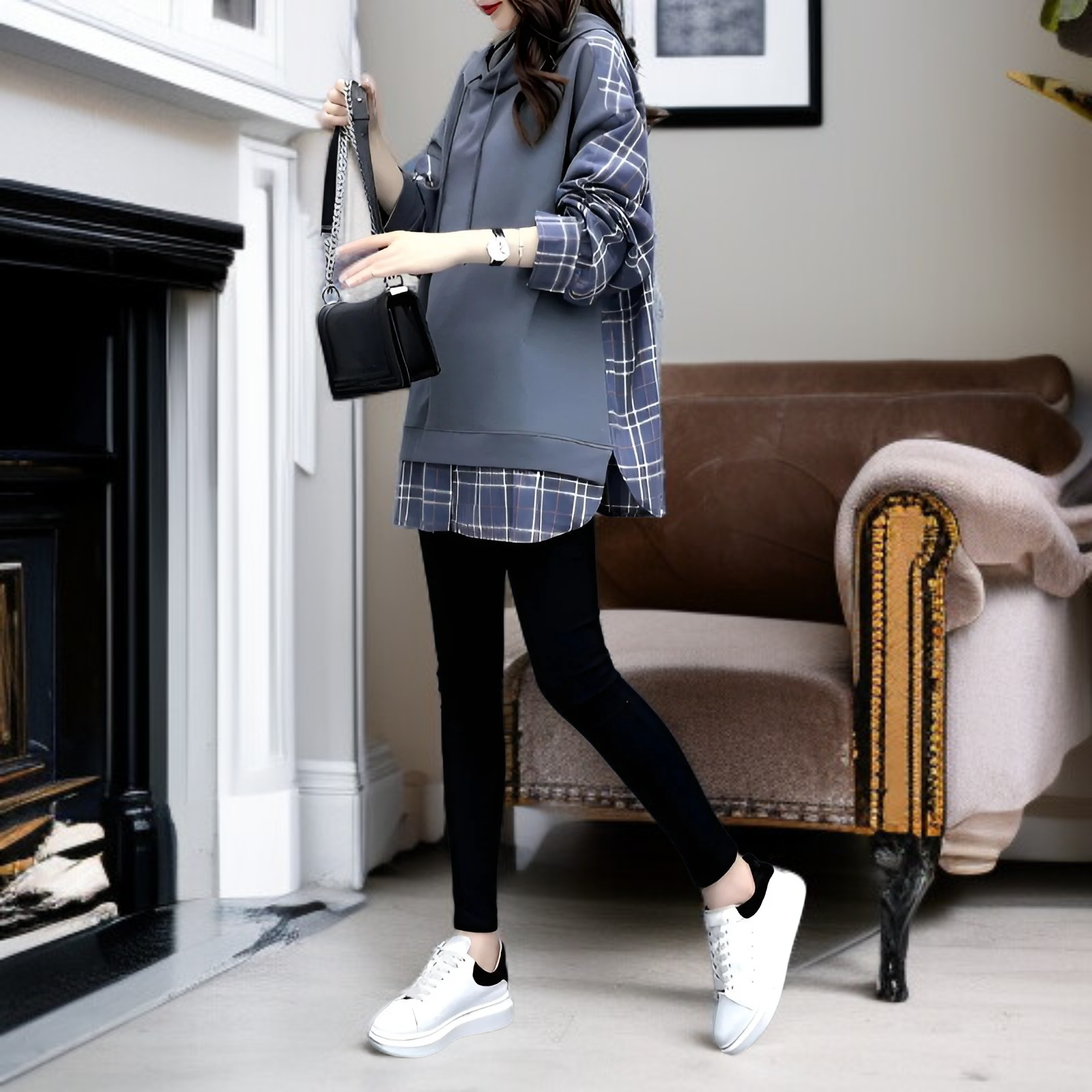 レディース チェック柄パッチワークフェイクツーピース 長袖スウェットシャツ 2025年春新作 ルーズフィット フード付き ミドル丈Tシャツ トップス