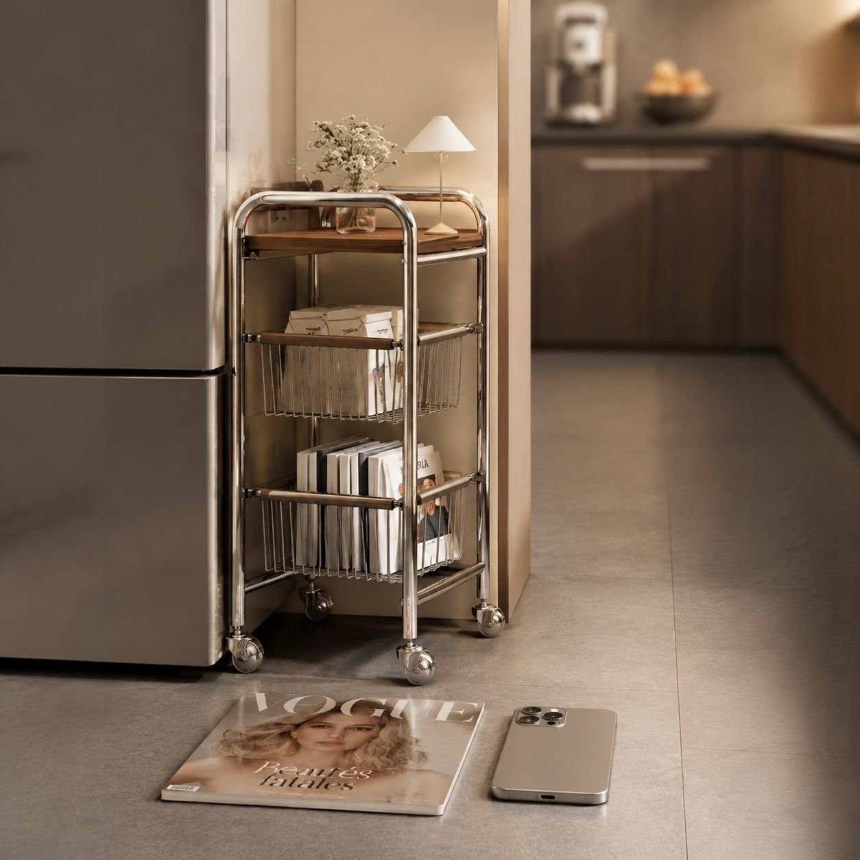 Narrow vintage kitchen storage cart for tight spaces