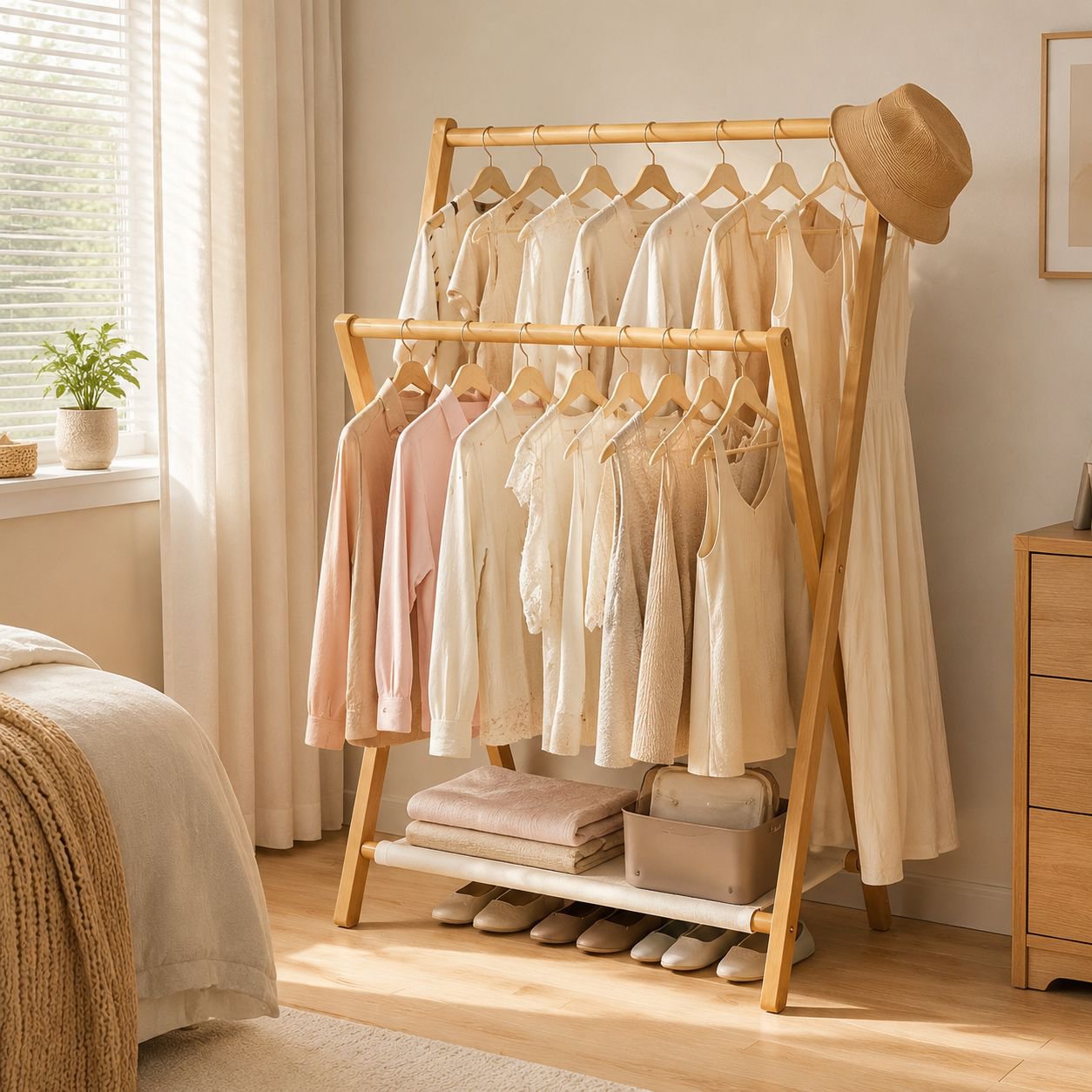 Simple Bamboo Indoor Clothes Rack in living room