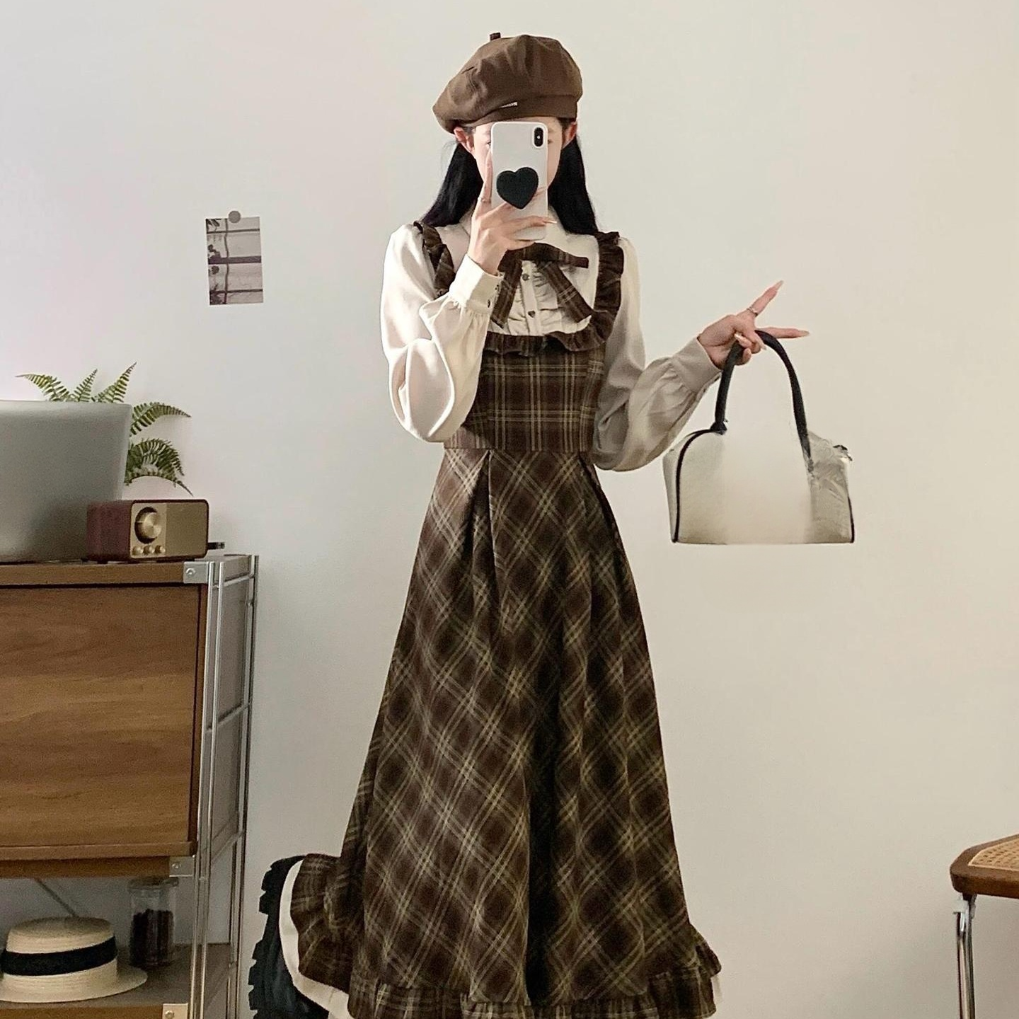 プラスサイズ レディース 秋冬新作 フレンチレトロチェック柄 フェイクツーピースシャツロングドレス