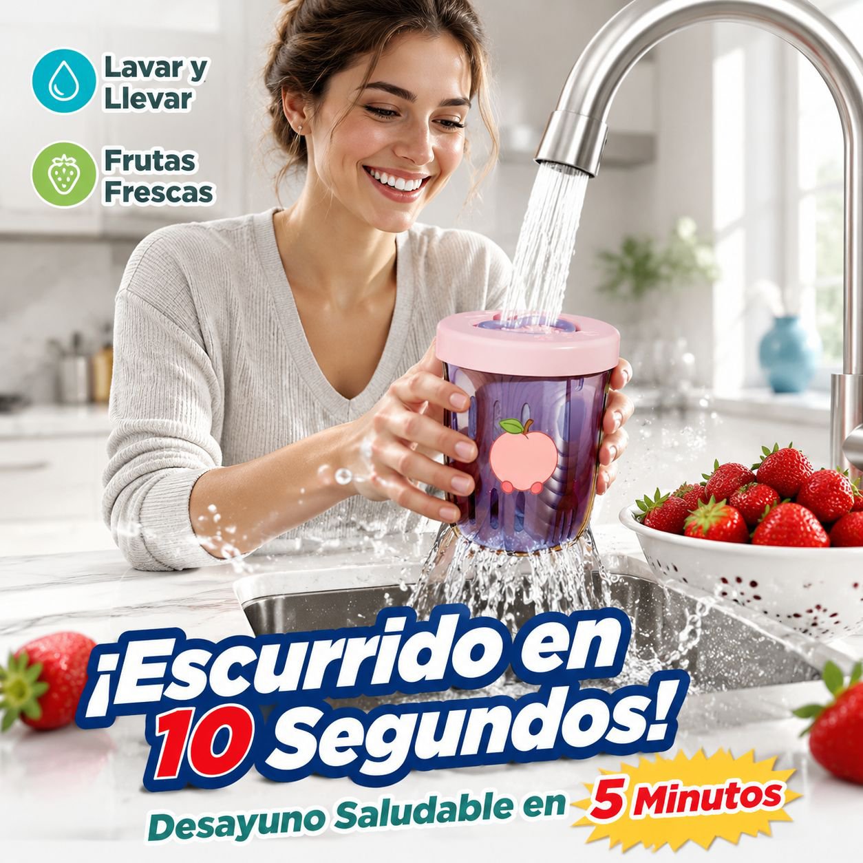 Vaso de ensalada de frutas con colador, portátil y con cuchara, diseño atractivo