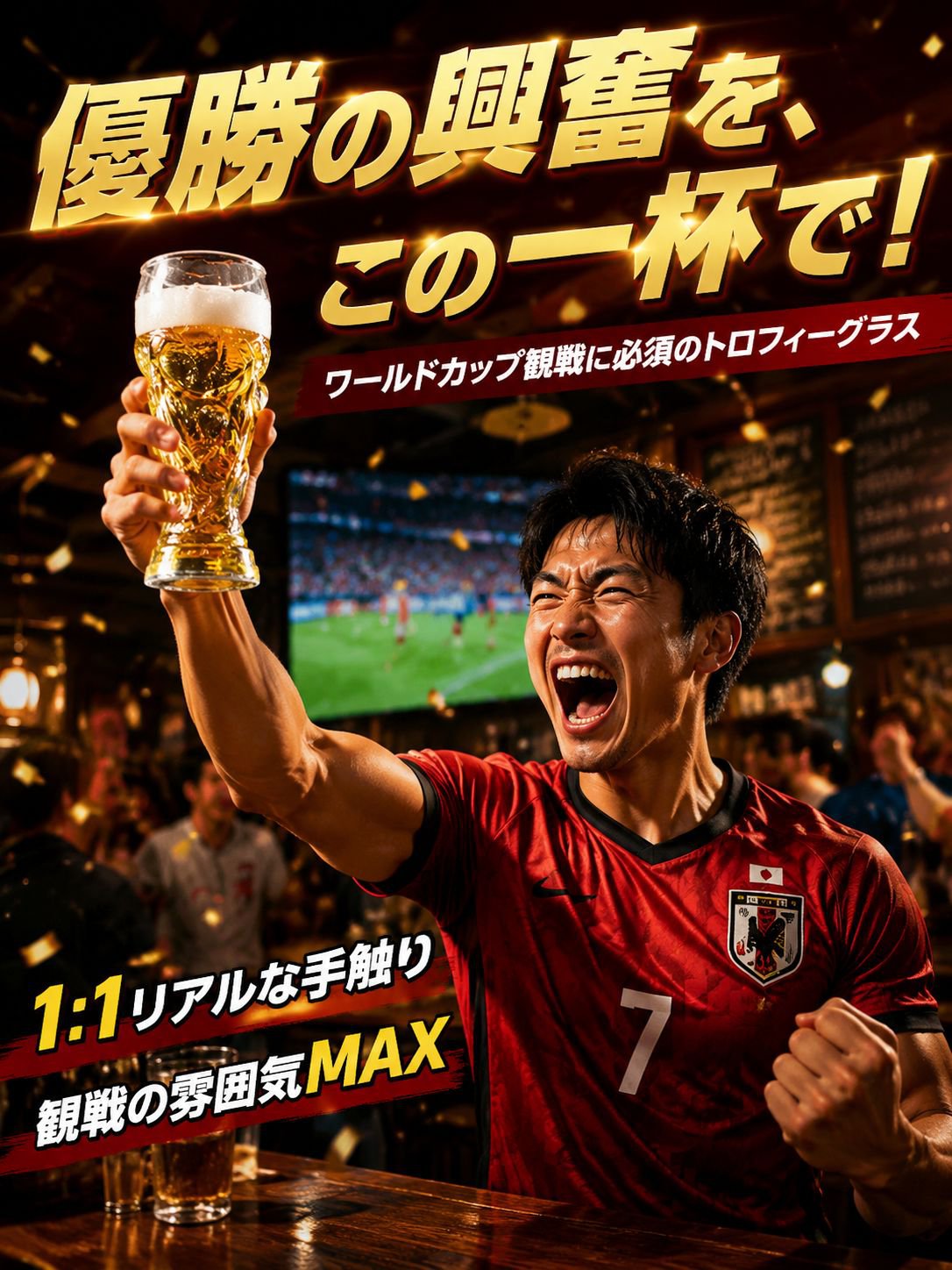 【至高の観戦カップ】黄金に輝く「3Dトロフィー ビールグラス」（サッカー/ワールドカップ気分/宅飲み/大容量）