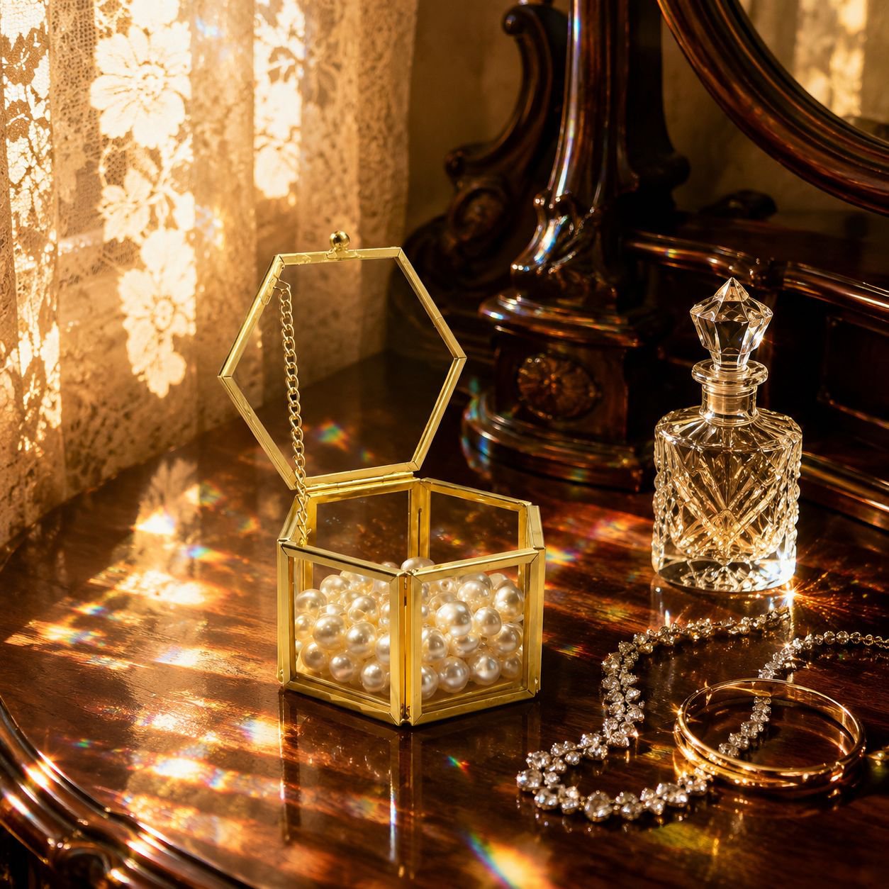 Hexagonal Gold Glass Jewelry Storage Box, Ring Display Box, Ornament