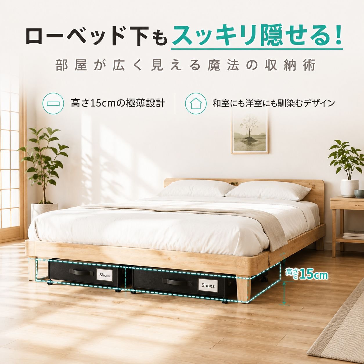 キャスター付きベッド下収納ボックス。防塵カバー付き。靴、毛布、衣類、掛け布団などを収納できる折りたたみ式収納ラック。